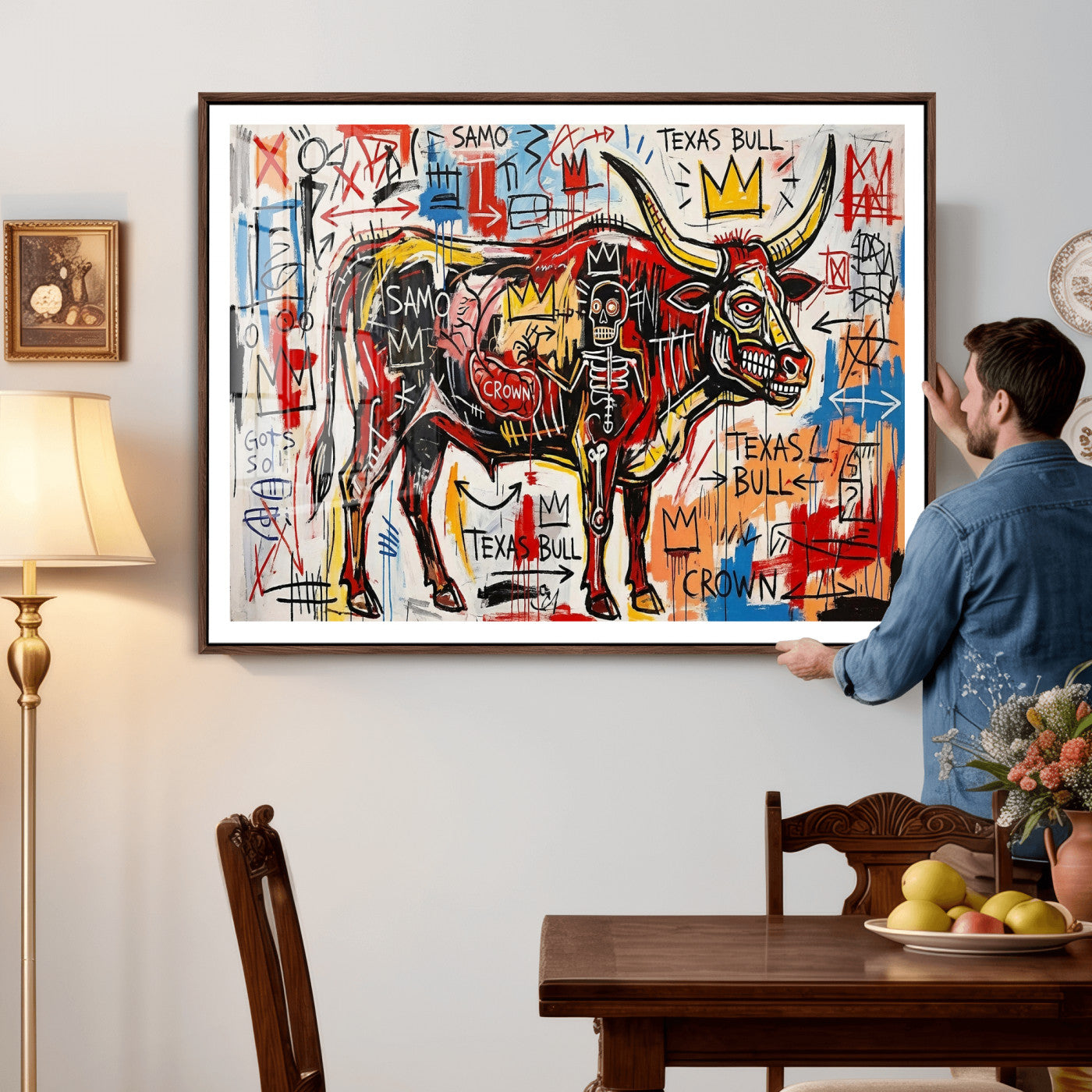 89504579-MGV-CV-36X24 - TITLE: Texas Bull Wall Art Canvas Print, Abstract Graffiti Bull Painting, Western Animal Art, Modern Ranch Decor