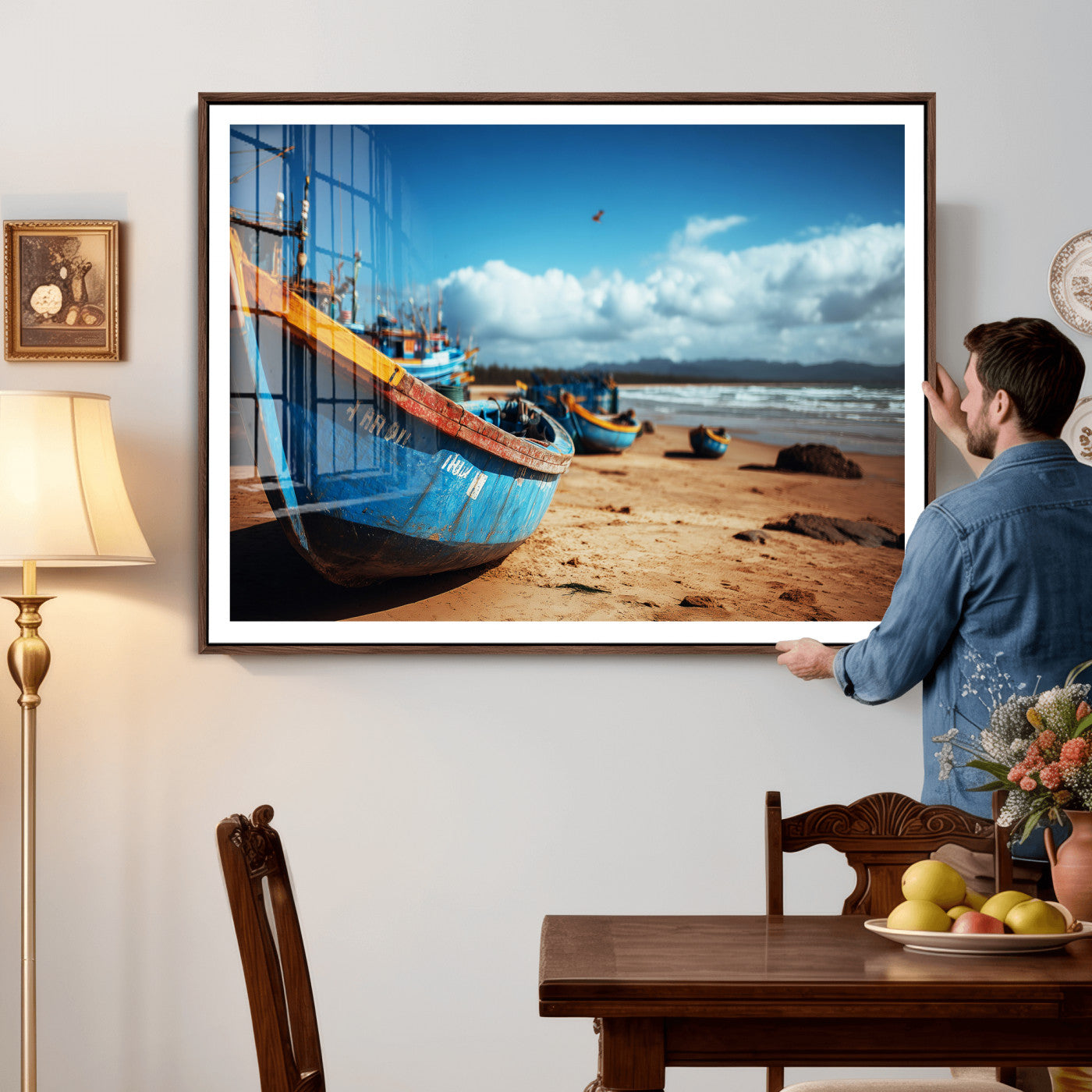 70925201-MGV-CV-36X24 - Fishing Boats Wall Art Canvas Print, Coastal Boat Beach Scene, Nautical Seaside Artwork, Ocean Shore Decor, Coastal Home Wall Art