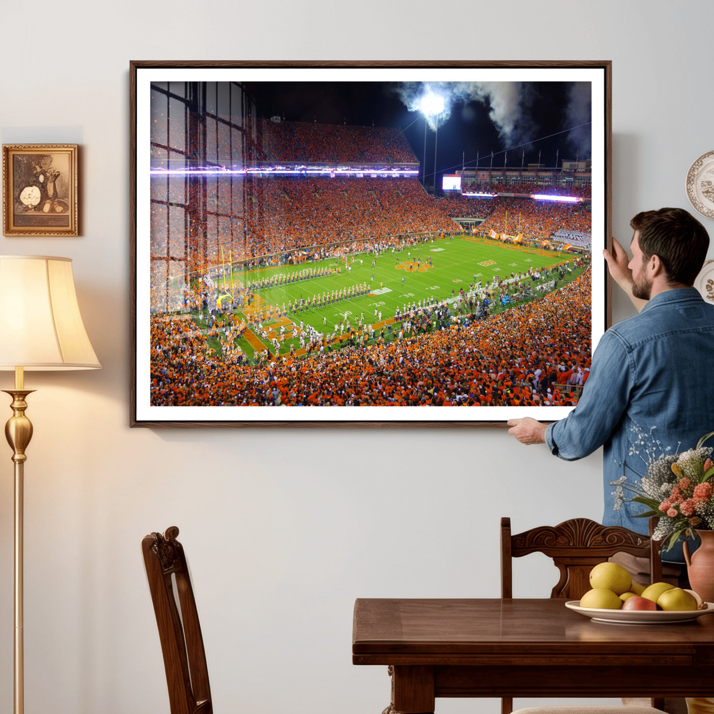 43662631-MGV-CV-36X24 - Clemson Football Stadium Wall Art Canvas Print, College Football Crowd Night Game Scene, Orange Stadium Panorama Wall Decor