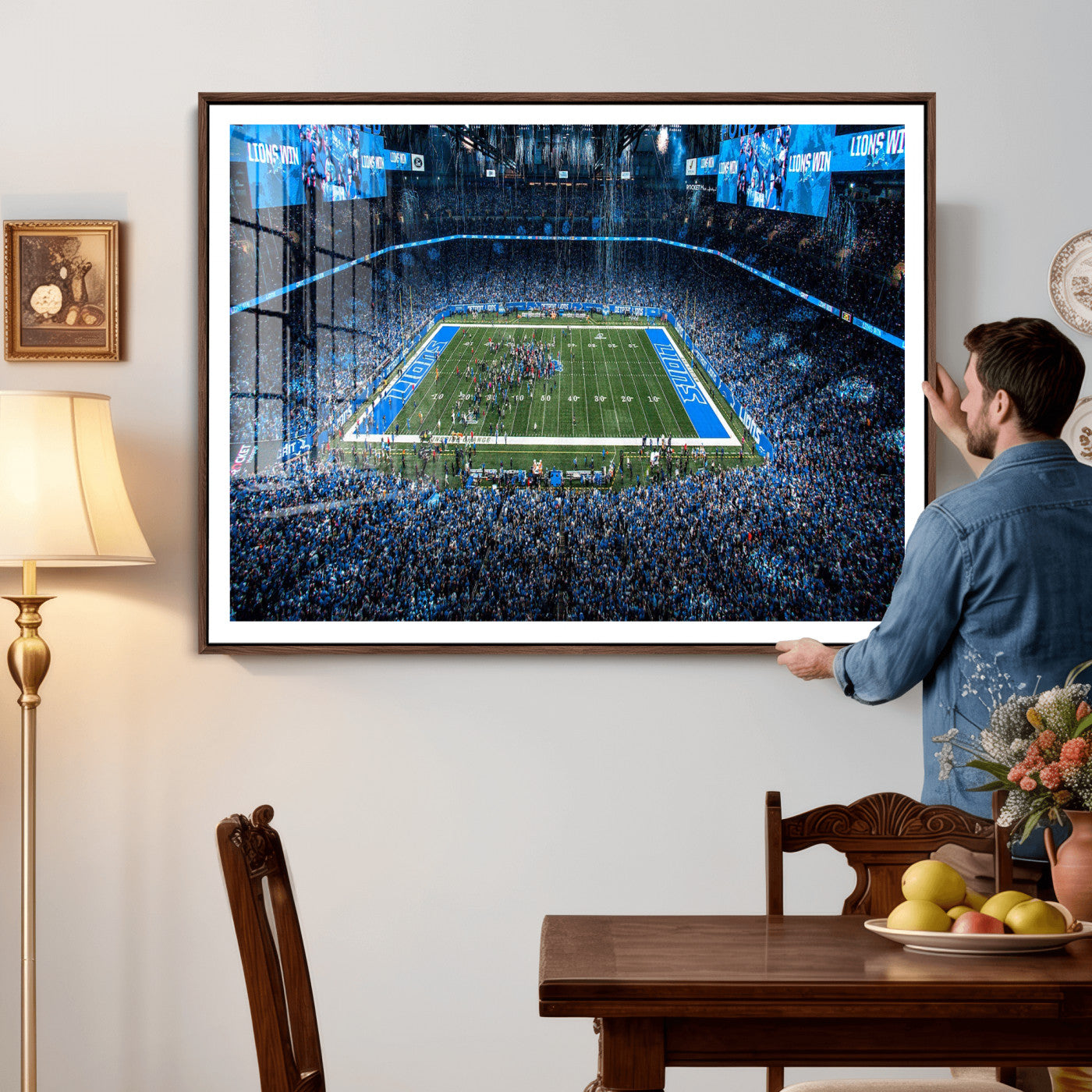80882005-MGV-CV-36X24 - Detroit Lions Stadium Wall Art Canvas Print, Football Field Panorama Artwork, NFL Game Night Stadium Decor