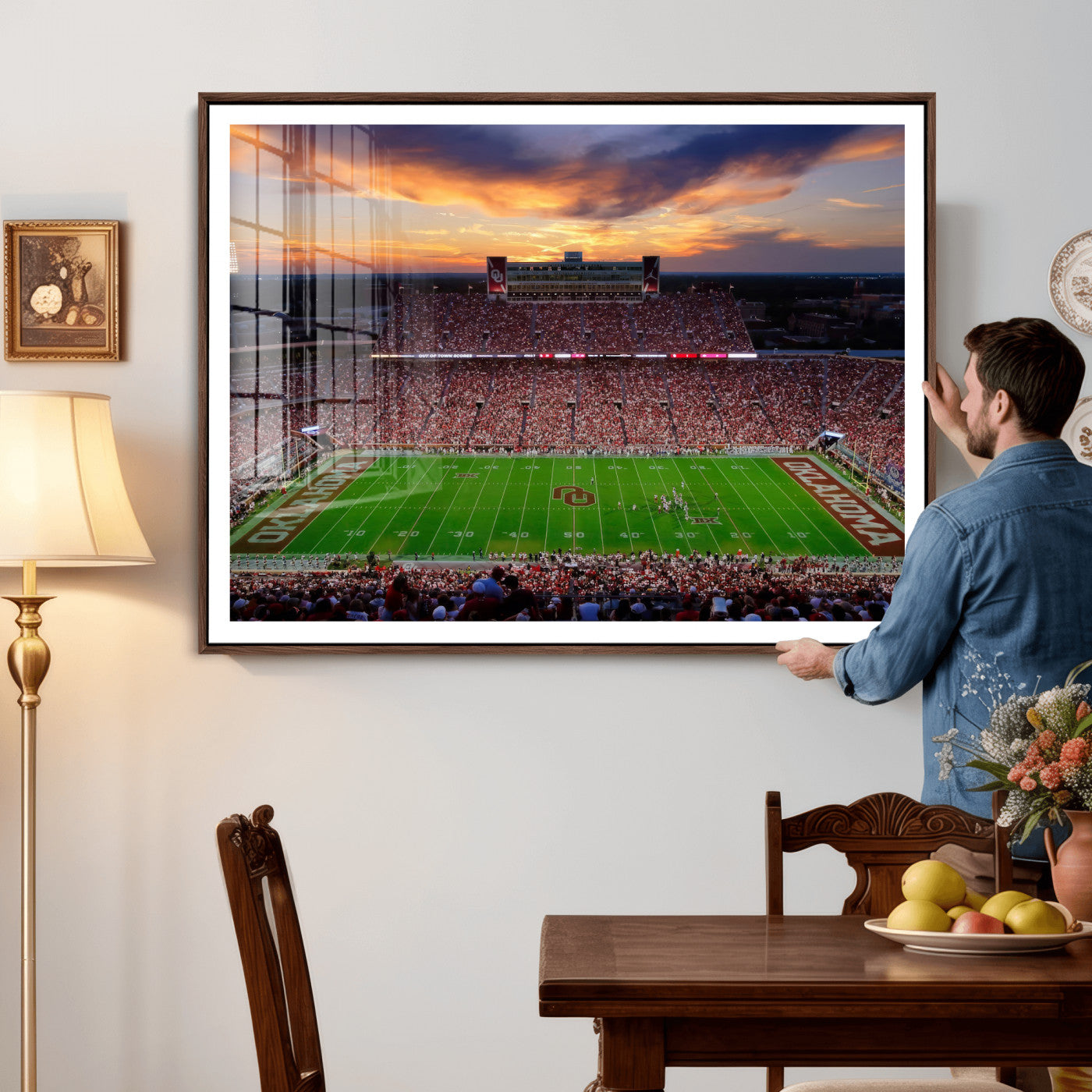 51457497-MGV-CV-36X24 - Oklahoma Sooners Stadium Wall Art Canvas Print, College Football Sunset Game Scene, OU Football Field Panorama Wall Decor