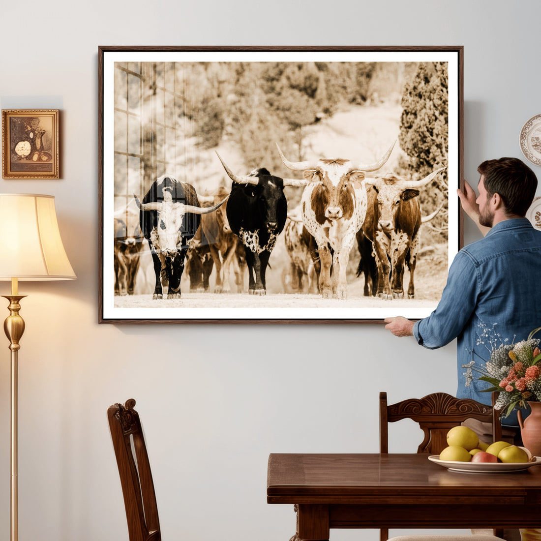 Western Longhorn Herd Wall Art Canvas Print, Sepia Ranch Scene