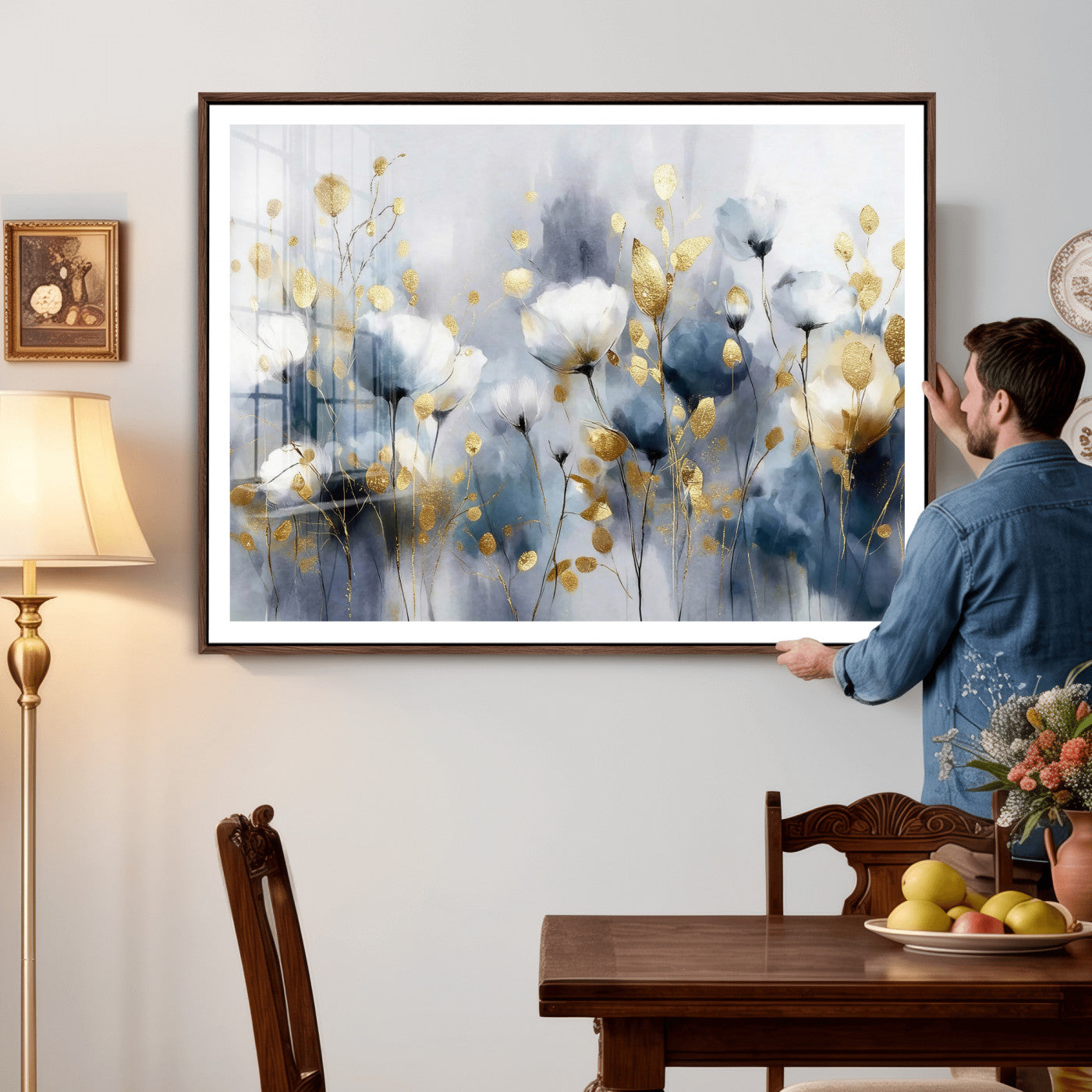 84358857-MGV-CV-36X24 - Large Abstract Flowers Wall Art Canvas Print – Gold and Blue Botanical Artwork for Living Room, Bedroom, and Office Decor
