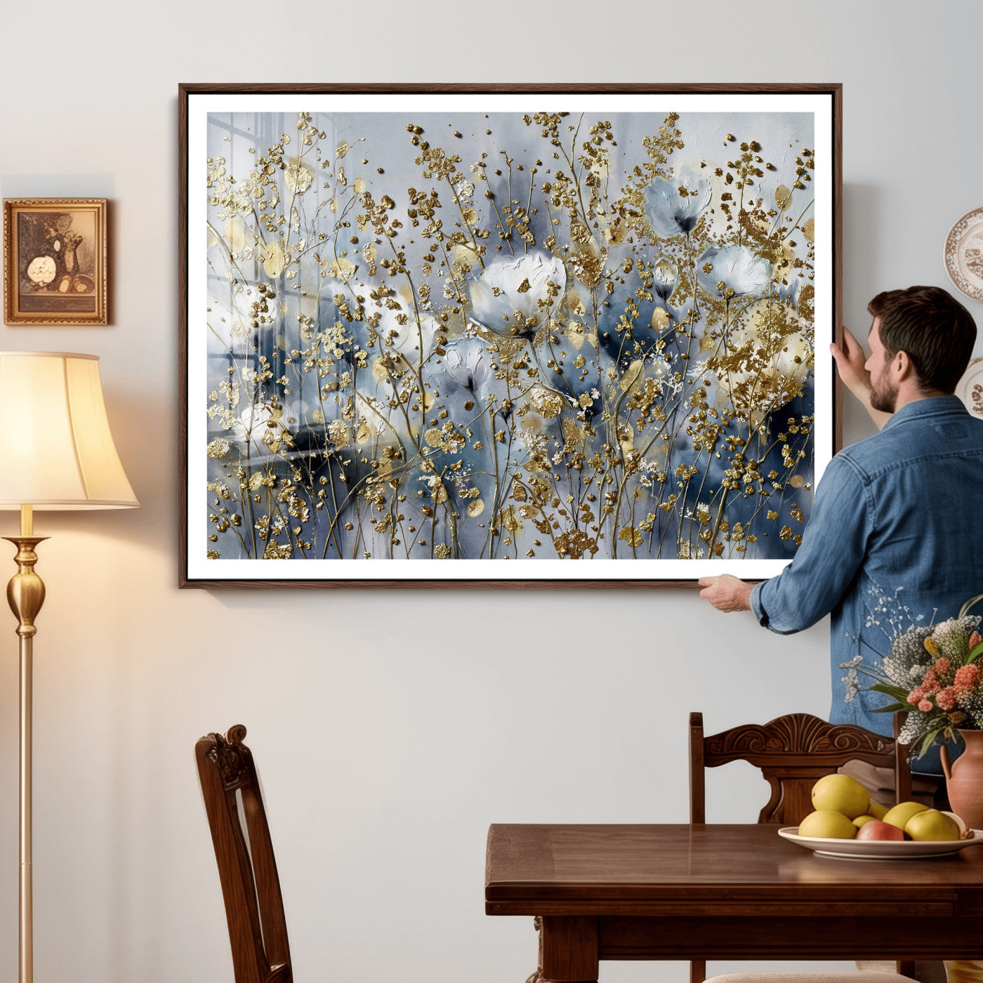 24499670-MGV-CV-36X24 - Abstract Floral Wall Art Canvas Print – Gold and Blue Botanical Artwork for Living Room, Bedroom, and Office Decor