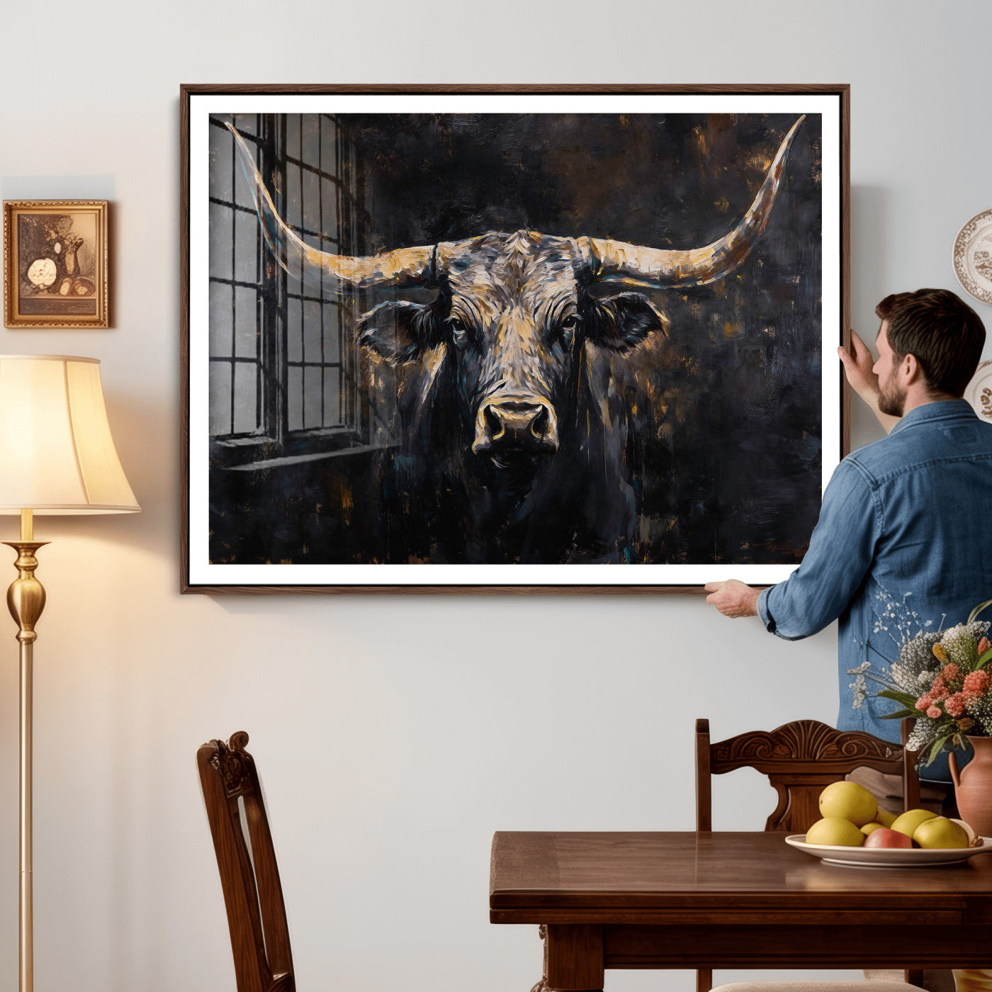 17622011-MGV-CV-36X24 - Abstract Longhorn Bull Wall Art Canvas Print – Dark Rustic Western Cattle Artwork for Farmhouse, Ranch, Cabin, and Office Decor