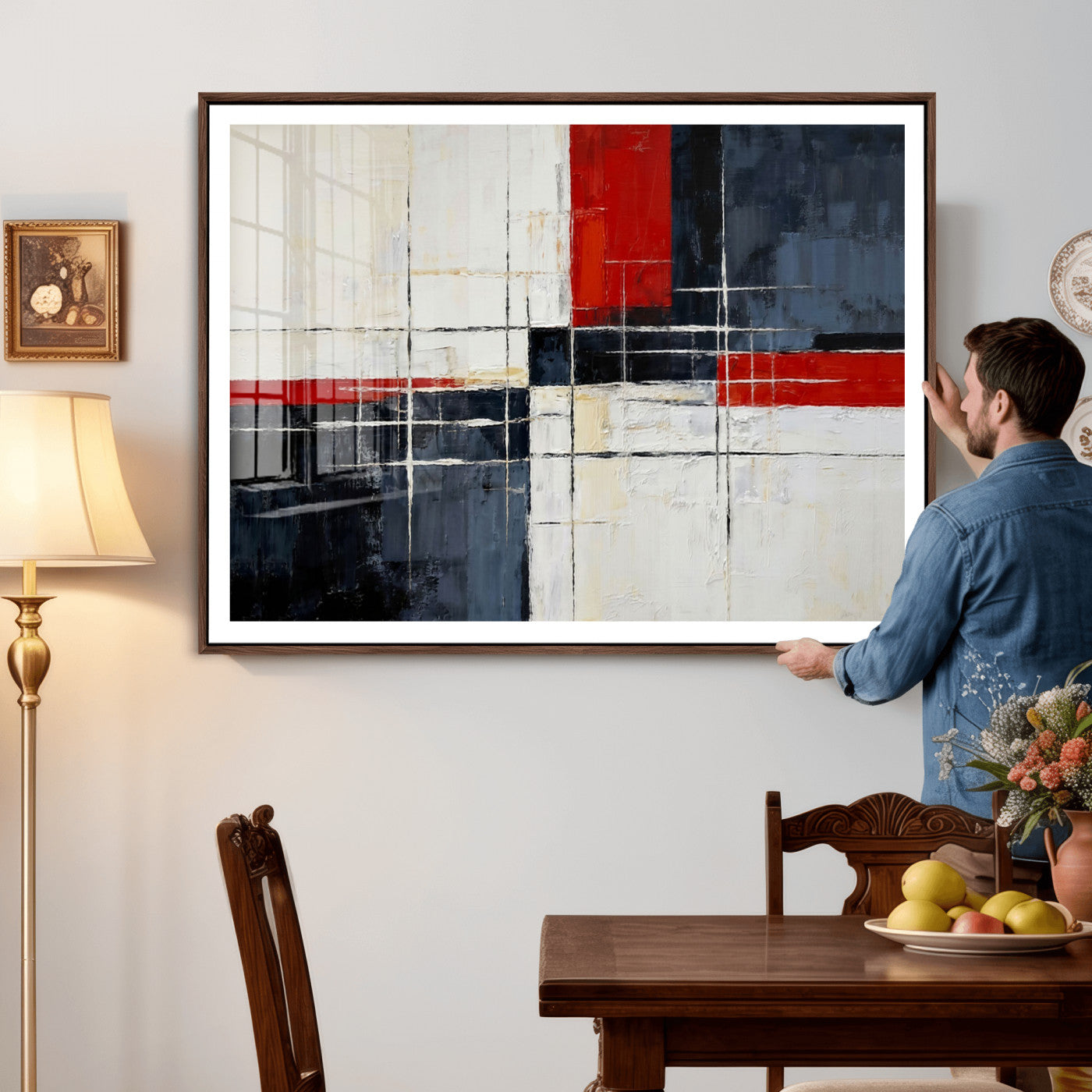 44088165-MGV-CV-36X24 - Navy Red Abstract Wall Art Canvas Print, Modern Luxury Geometric Painting Wall Decor for Living Room and Office