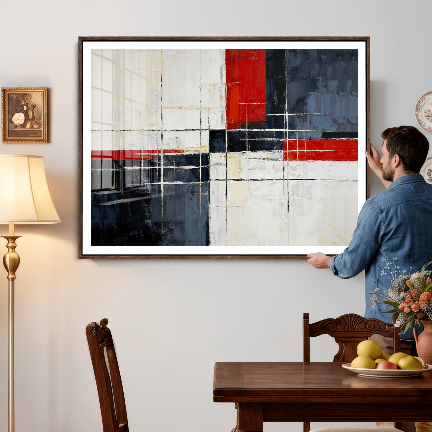 11921181-MGV-CV-36X24 - Navy Red Abstract Wall Art Canvas Print, Modern Luxury Geometric Painting Wall Decor for Living Room and Office
