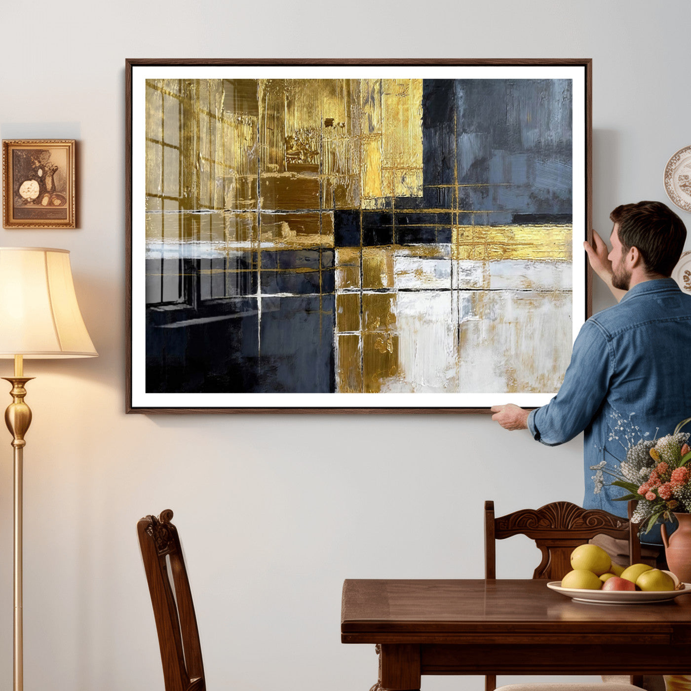 76917030-MGV-CV-36X24 - Gold Navy Abstract Wall Art Canvas Print, Modern Luxury Geometric Painting Wall Decor for Living Room and Office