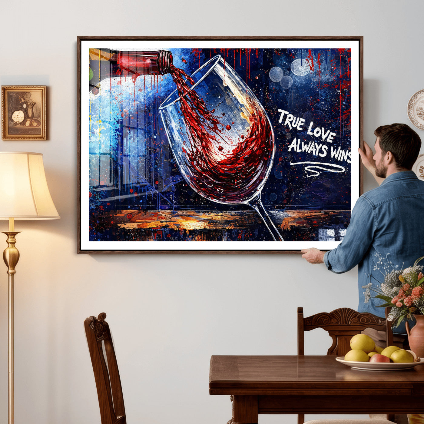 88788932-MGV-CV-36X24 - Red Wine Splash Abstract Wall Art Canvas Print, Modern Wine Glass Painting Canvas Print, Romantic Quote Contemporary Bar Art Print