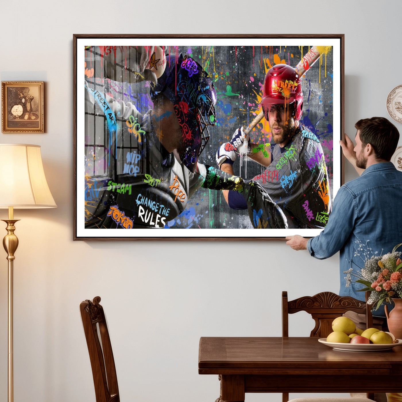 19634994-MGV-CV-36X24 - Graffiti Baseball Player Street Art Wall Art Canvas Print, Urban Sports Pop Art Baseball Canvas Print, Modern Athletic Graffiti Contemporary Art Printing