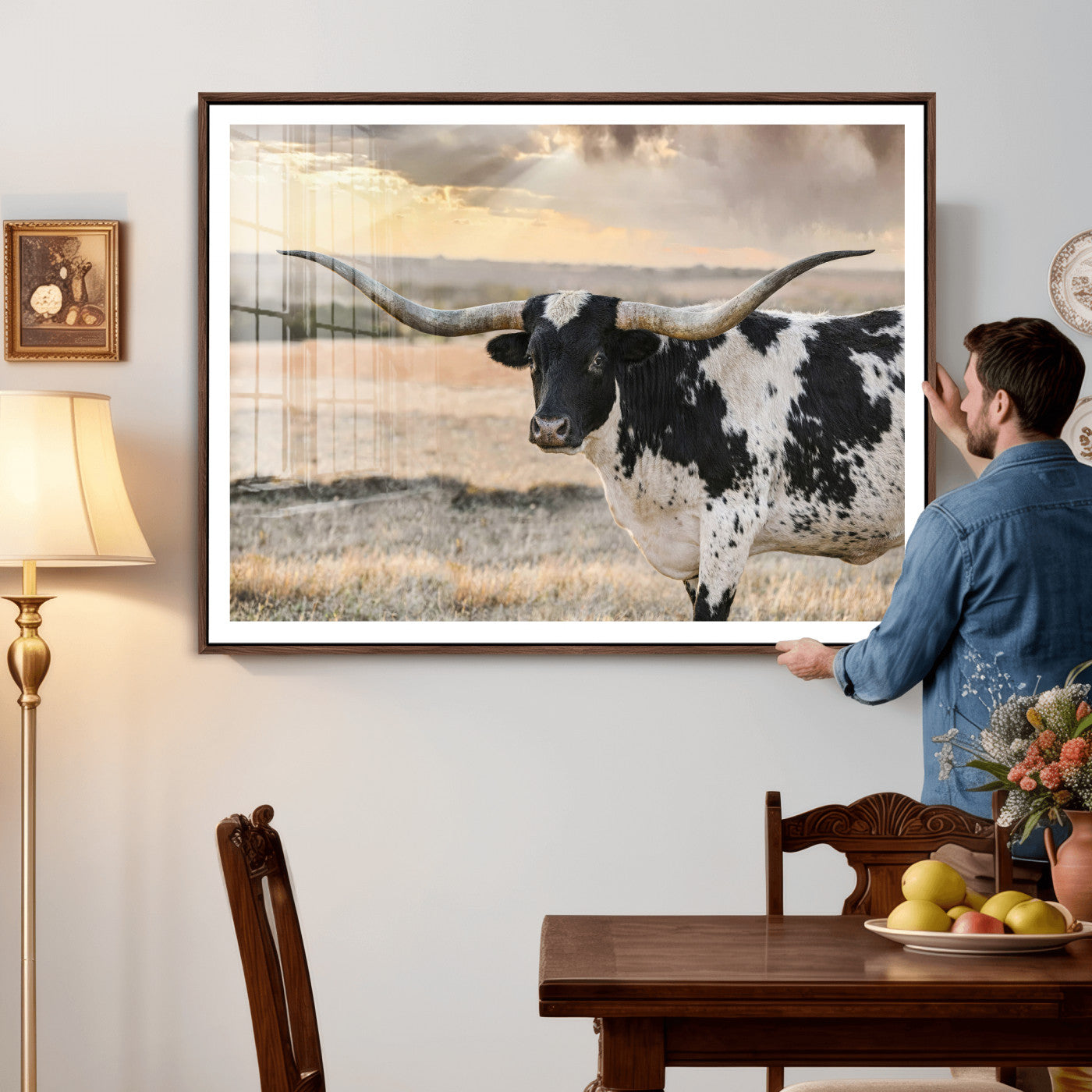 49350433-MGV-CV-36X24 - Texas Longhorn Bull Rustic Wall Art Canvas Print, Western Cattle Photography Canvas Print, Ranch Farm Animal Western Art Printing
