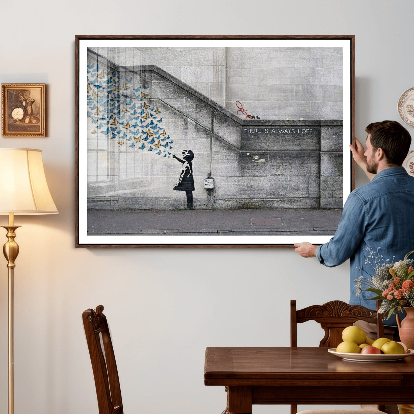15274223-MGV-CV-36X24 - Banksy Girl with Butterflies Street Art Wall Art Canvas Print, Hope Graffiti Urban Art Canvas Print, Minimalist Inspirational Street Art Contemporary Art Printing