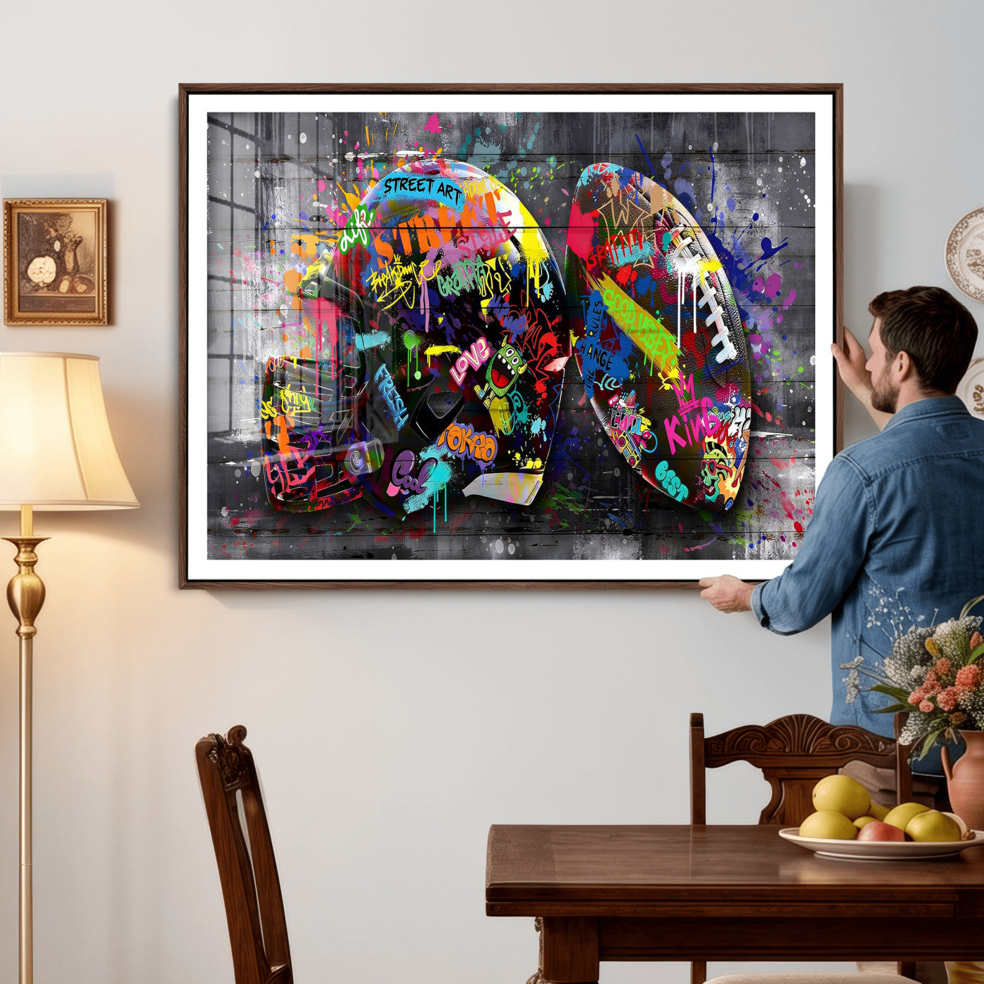 80540773-MGV-CV-36X24 - Graffiti American Football Helmet Street Art Wall Art Canvas Print, Urban Sports Pop Art Football Canvas Print, Colorful Graffiti Sports Contemporary Art Printing