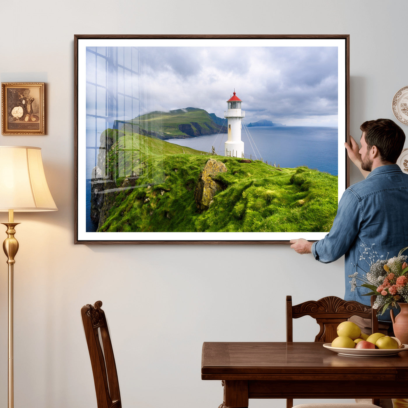 10680390-MGV-CV-36X24 - Coastal Lighthouse Wall Art Canvas Print, Cliffside Ocean Landscape Canvas Print, Scandinavian Coastal Decor for Living Room