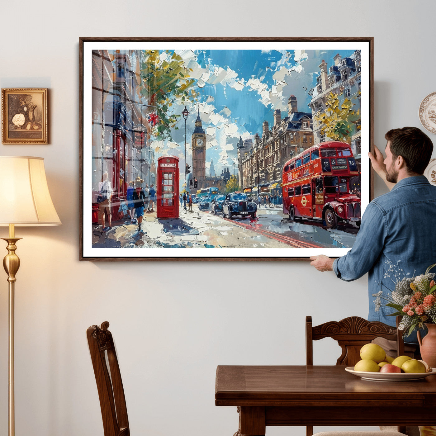 17630888-MGV-CV-36X24 - Modern London City Street Wall Art Canvas Print, Big Ben & Red Bus Artwork Canvas Print