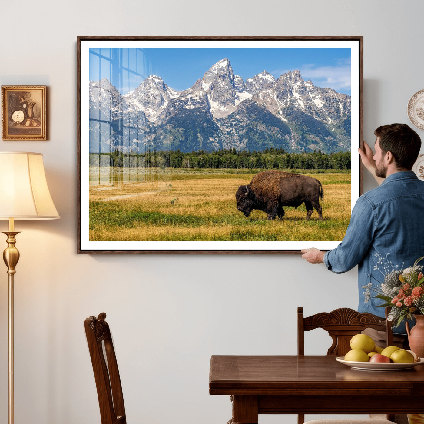 20424529-MGV-CV-36X24 - Bison in Mountain Landscape Wall Art Canvas Print – Western Wildlife Artwork for Rustic Living Room Decor