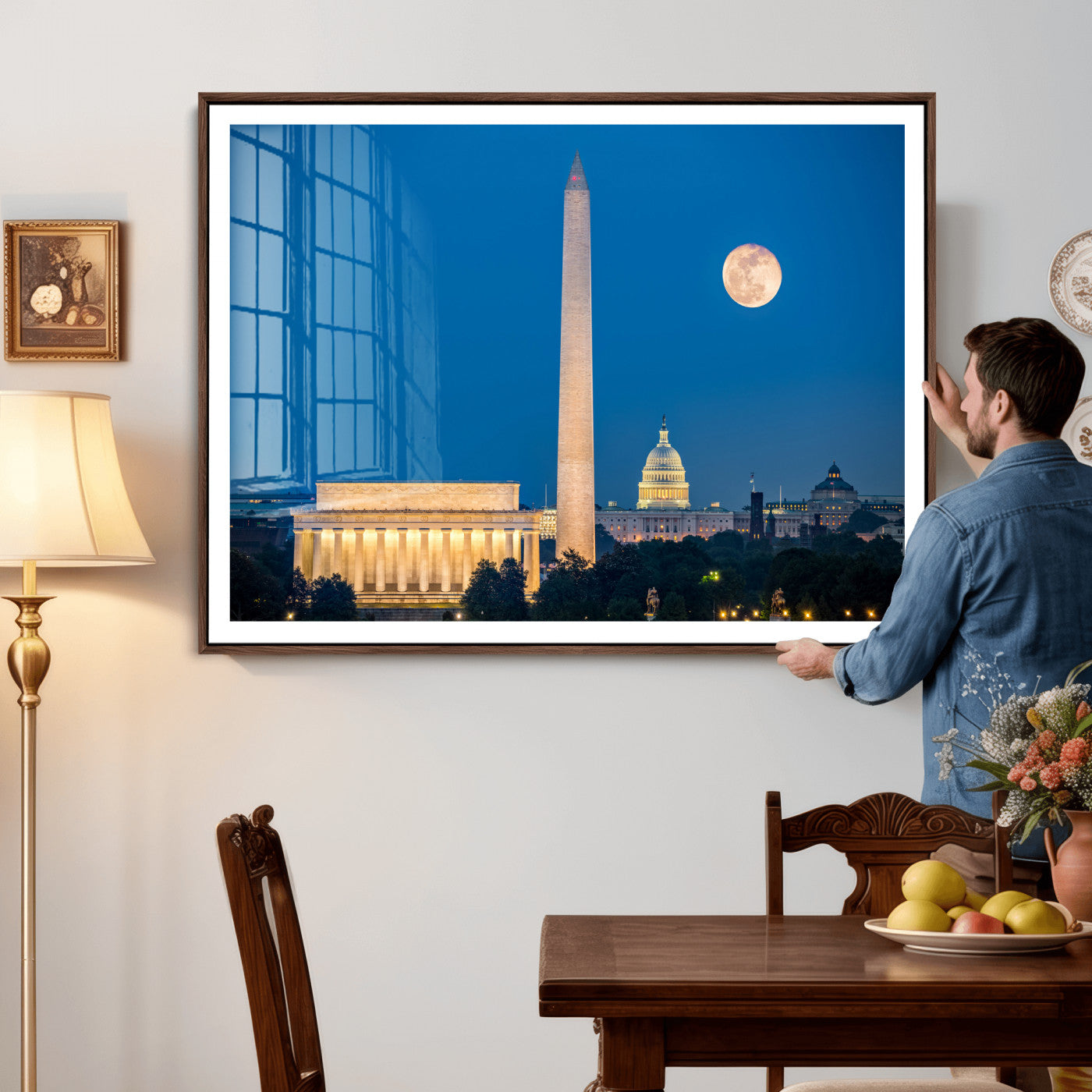 96712946-MGV-CV-36X24 - Washington DC Skyline Wall Art Canvas Print – Lincoln Memorial, Washington Monument and US Capitol Night Cityscape Artwork