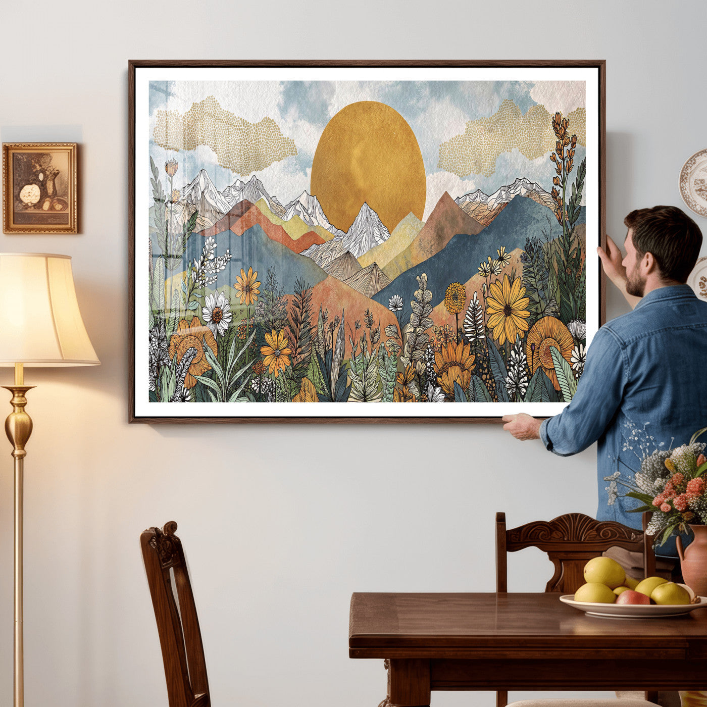 17540863-MGV-CV-36X24 - Boho Mountain Landscape Large Wall Art, Horizontal Gold Framed Canvas Print with Sun and Flowers
