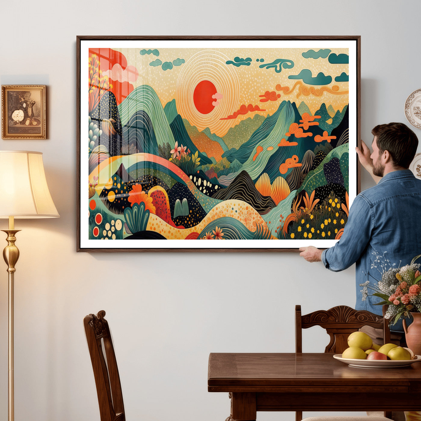 29927191-MGV-CV-36X24 - Yayoi Kusama Boho Mountain Landscape Large Wall Art, Horizontal Gold Framed Canvas Print with Sun and Flowers