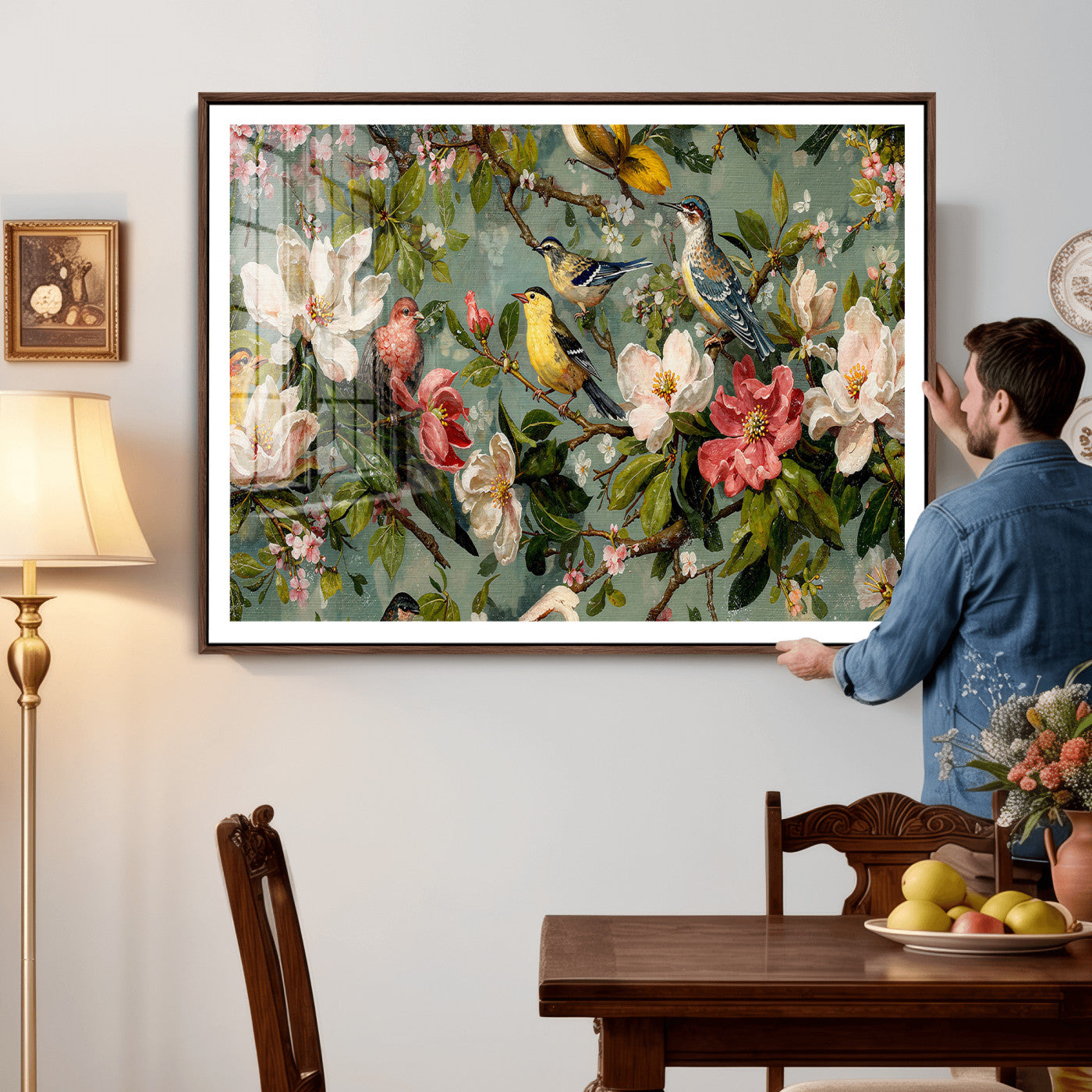 77883606-MGV-CV-36X24 - Vintage Birds and Flowers Wide Wall Art: Extra Large Panoramic Botanical Print