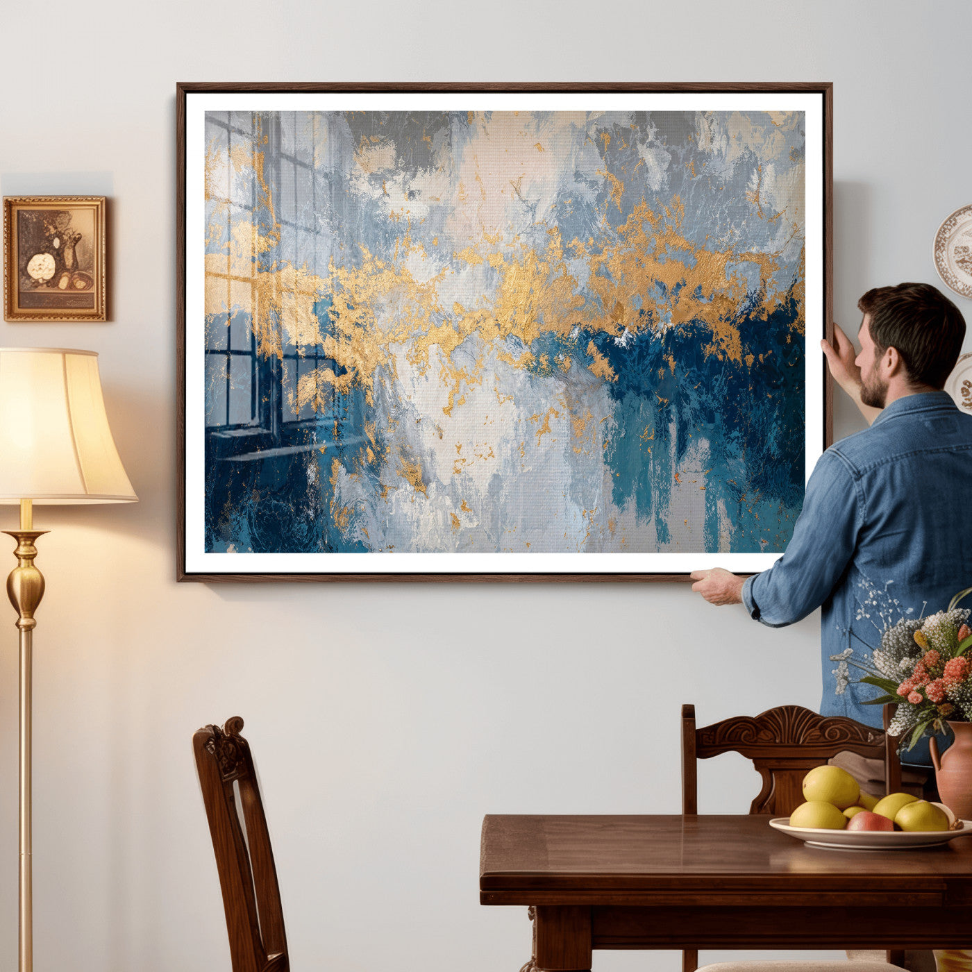 65386119-MGV-CV-36X24 - Blue Gold Abstract Large Framed Canvas Wall Art, Modern Luxury Painting Print in Horizontal Oversized Minimal Wall Decor Artwork