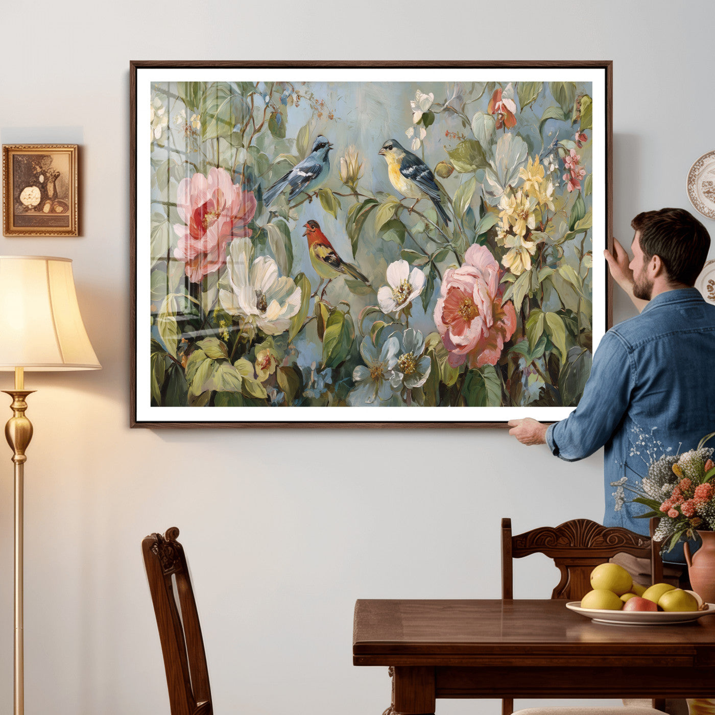 55440837-MGV-CV-36X24 - Vintage Birds and Flowers Wall Art Canvas Print, Botanical Bird Painting Canvas Print, Floral Garden Bird Artwork Canvas Print, Classic Bird Flower Painting Canvas Print
