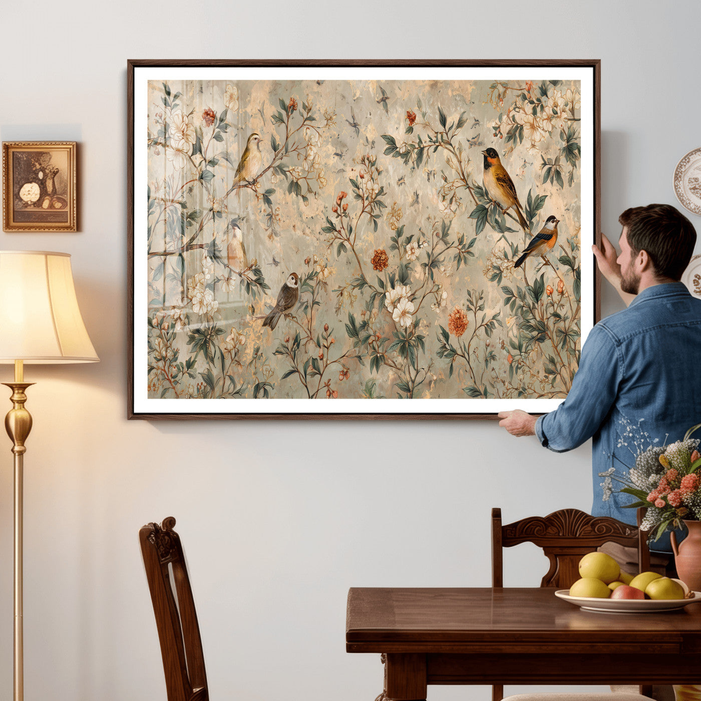 76588438-MGV-CV-36X24 - Vintage Birds and Flowers Wall Art Canvas Print, Botanical Bird Painting Canvas Print, Floral Garden Bird Artwork Canvas Print, Classic Bird Flower Painting Canvas Print