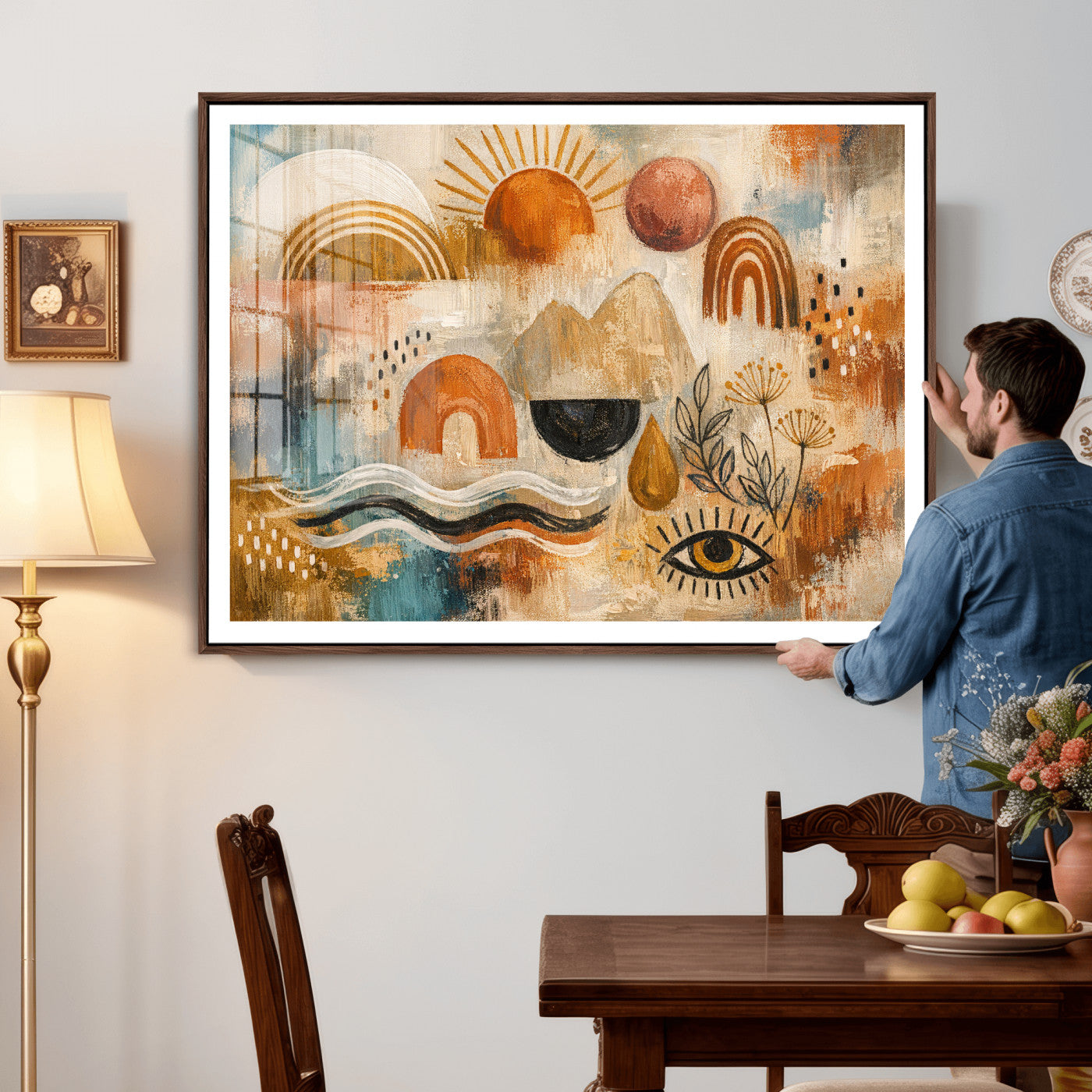 52155239-MGV-CV-36X24 - Geometric Boho Abstract Wall Art Canvas Print, Orange Blue Abstract Expressionist Painting Print, Modern Geometric Abstract Canvas Art