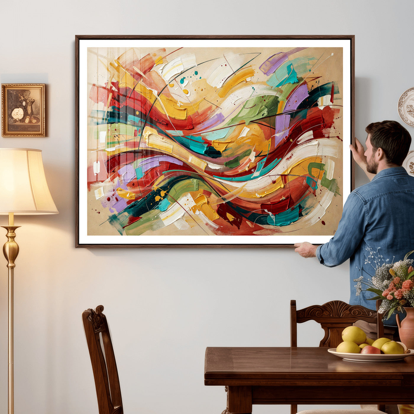 39887645-MGV-CV-36X24 - Geometric Abstract Wall Art Canvas Print, Orange Blue Abstract Expressionist Painting Print, Modern Geometric Abstract Canvas Art