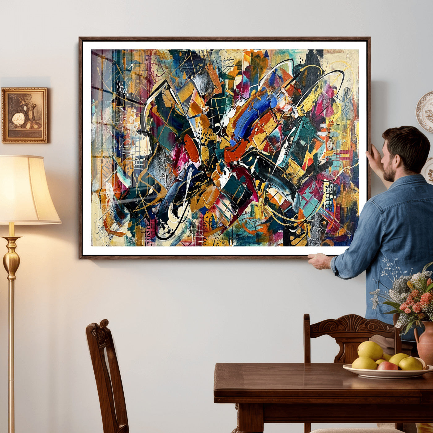 15525527-MGV-CV-36X24 - Geometric Abstract Wall Art Canvas Print, Orange Blue Abstract Expressionist Painting Print, Modern Geometric Abstract Canvas Art