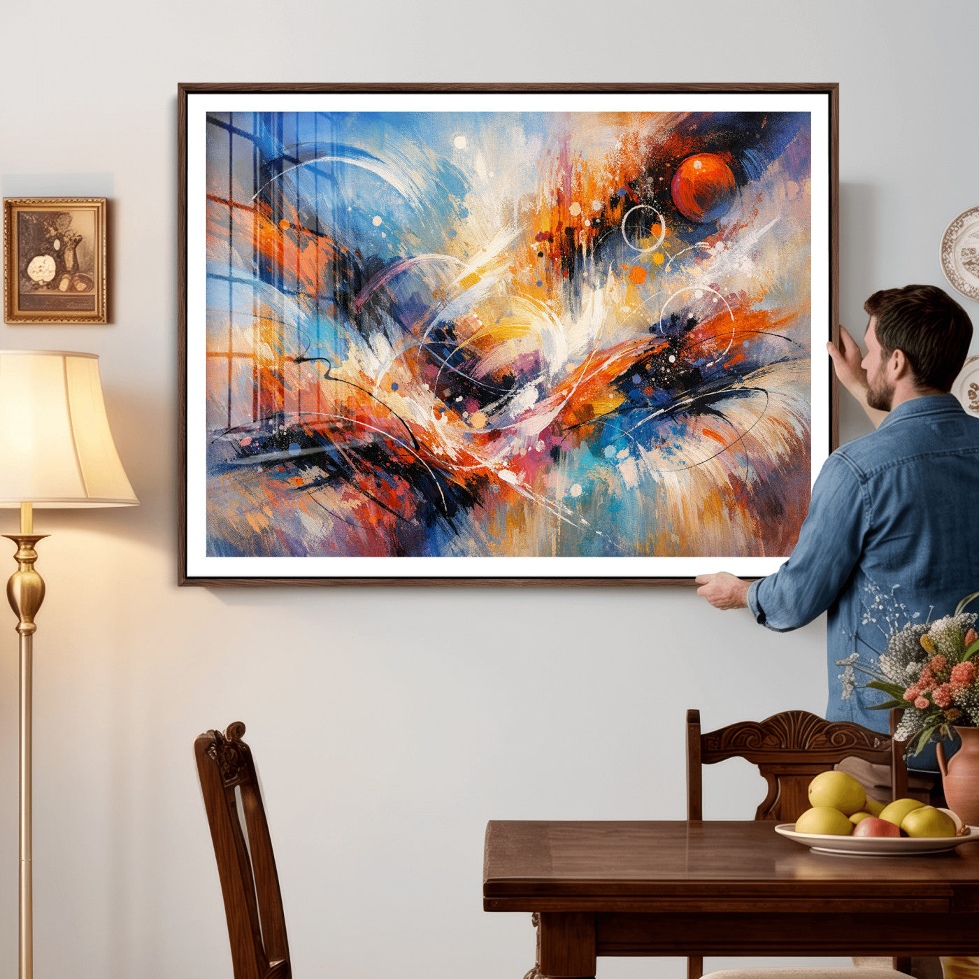 47770355-MGV-CV-36X24 - Geometric Abstract Wall Art Canvas Print, Orange Blue Abstract Expressionist Painting Print, Modern Geometric Abstract Canvas Art