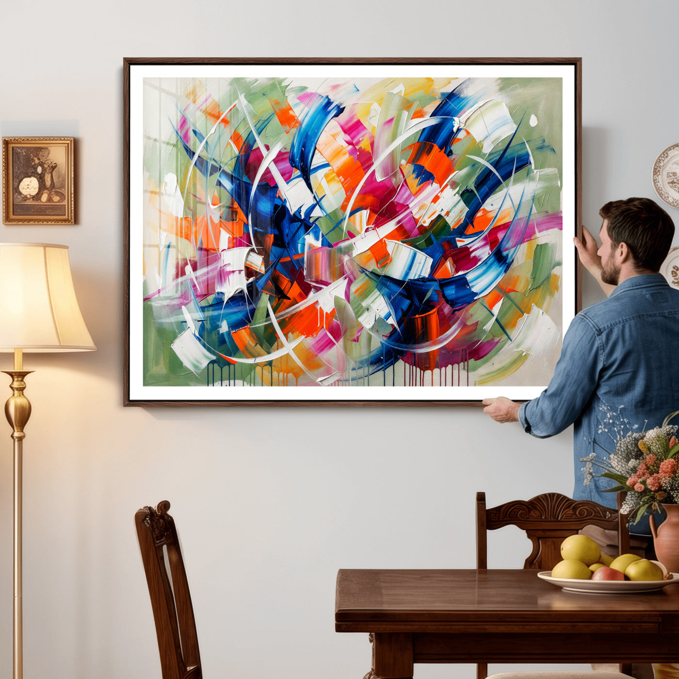 15032888-MGV-CV-36X24 - Geometric Abstract Wall Art Canvas Print, Orange Blue Abstract Expressionist Painting Print, Modern Geometric Abstract Canvas Art