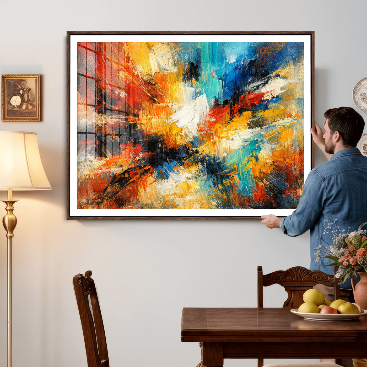93167583-MGV-CV-36X24 - Geometric Abstract Wall Art Canvas Print, Orange Blue Abstract Expressionist Painting Print, Modern Geometric Abstract Canvas Art