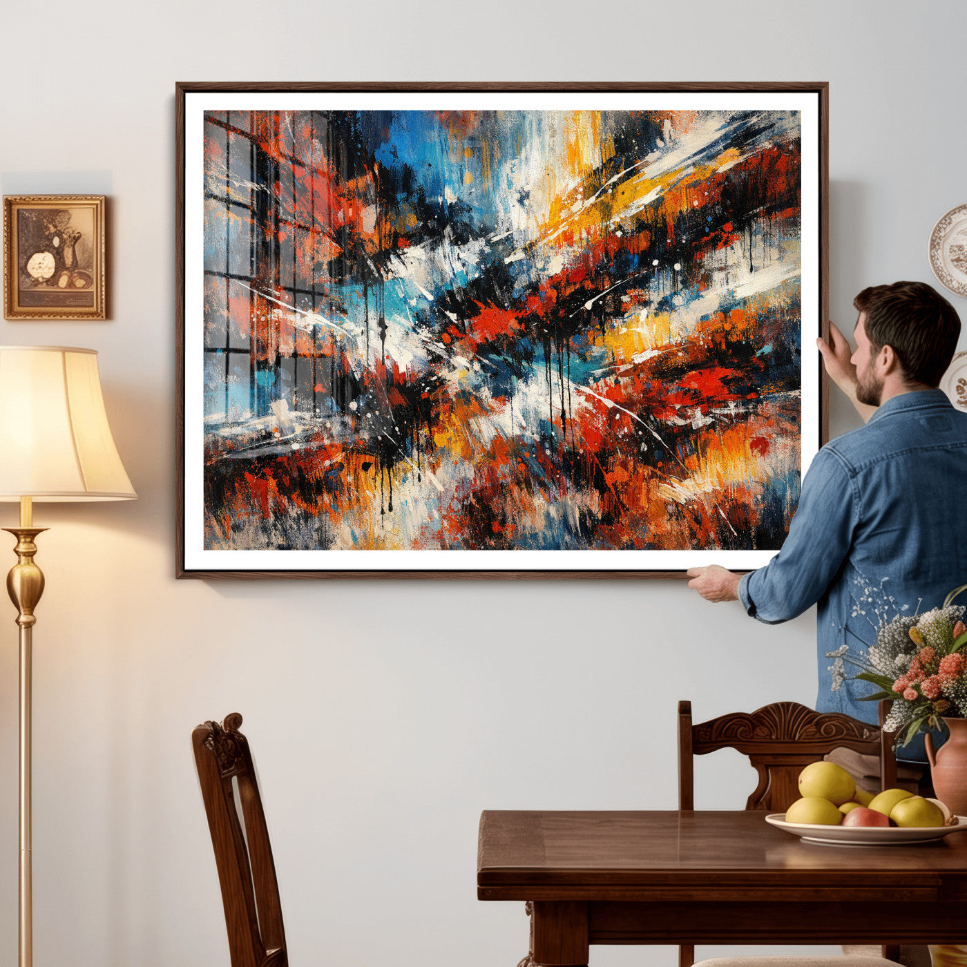80276069-MGV-CV-36X24 - Geometric Abstract Wall Art Canvas Print, Orange Blue Abstract Expressionist Painting Print, Modern Geometric Abstract Canvas Art