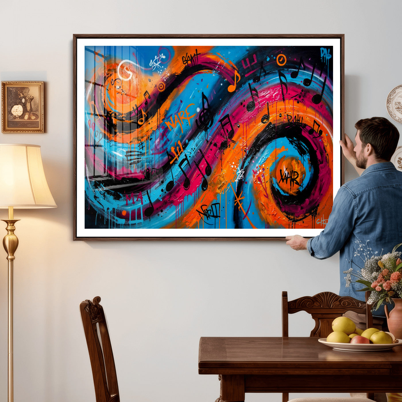 34936518-MGV-CV-36X24 - Geometric Abstract Wall Art Canvas Print, Orange Blue Abstract Expressionist Painting Print, Modern Geometric Abstract Canvas Art