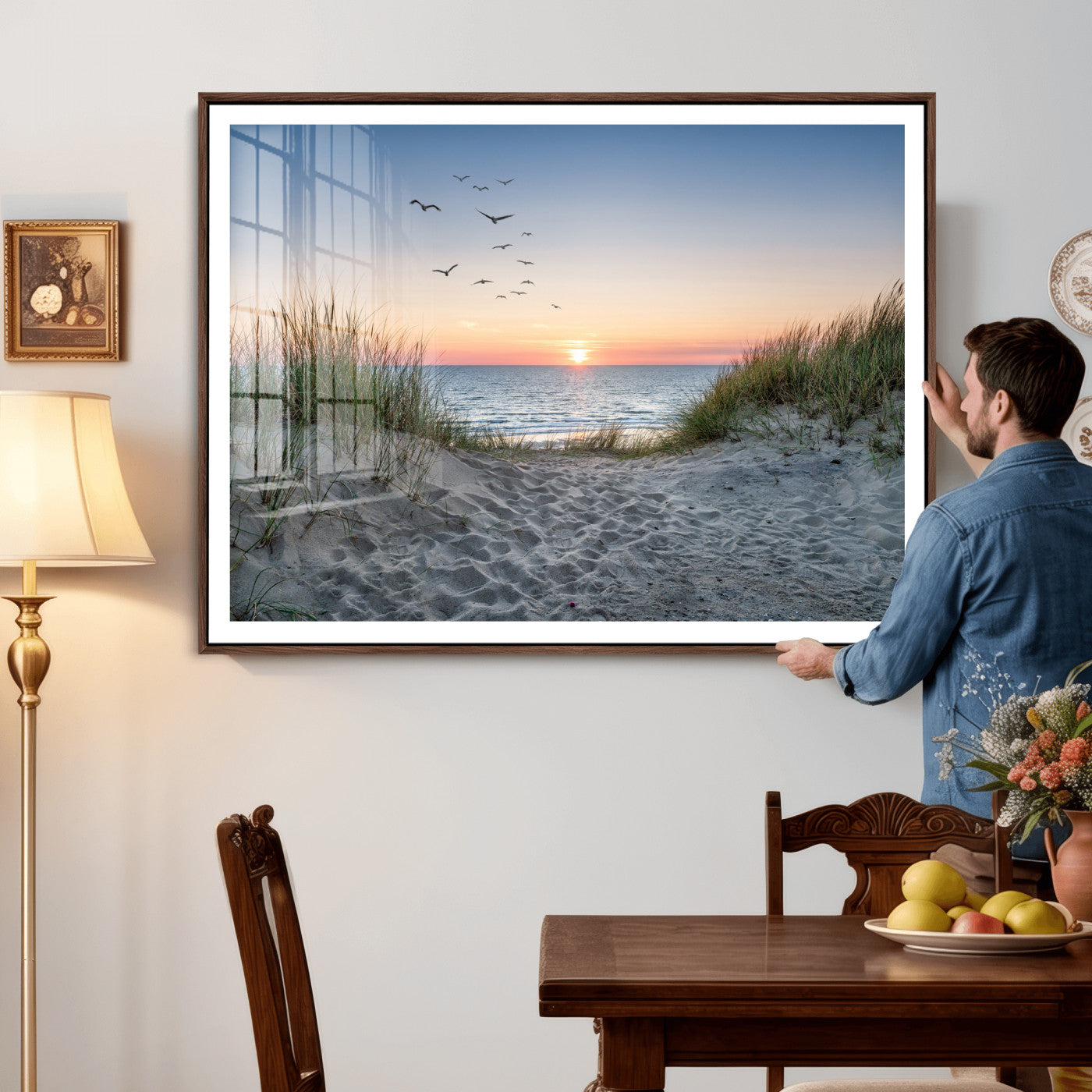 12172032-MGV-CV-36X24 - Sandy Dune Path Sunset Canvas Wall Art — Seagulls Beach Ocean Photography Print | Coastal Home Decor | Nautical Wall Art | Beach House Gift
