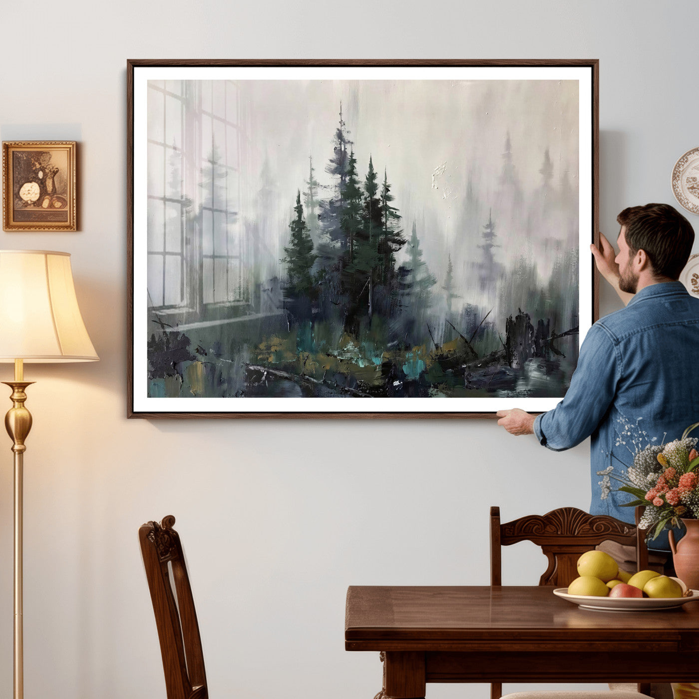 94143325-MGV-CV-36X24 - Misty Pine Forest Oil Painting Canvas — Dark Moody Teal Grey Tree Print | Japandi Scandinavian Wall Art | Minimalist Nature Decor Gift