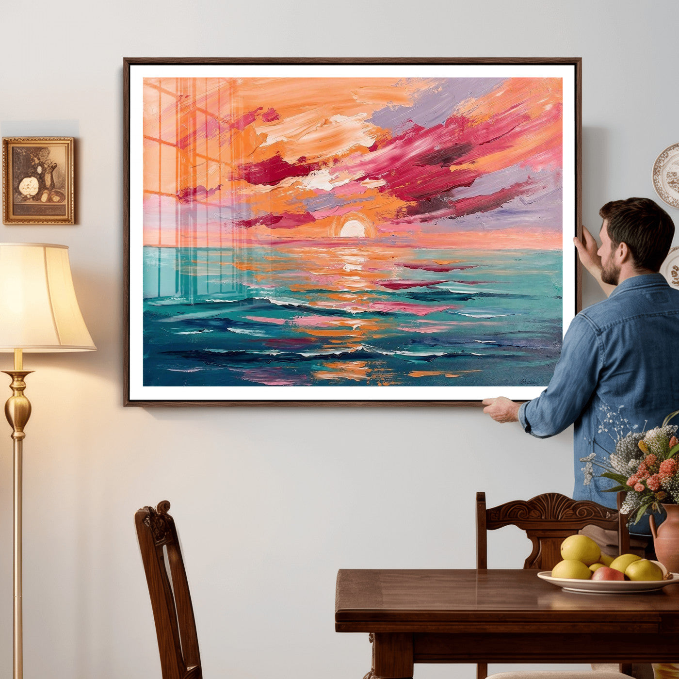 26763902-MGV-CV-36X24 - Bold Palette Knife Ocean Sunset Canvas — Orange Pink Teal Expressionist Sea Print | Colorful Coastal Wall Art | Vibrant Beach Decor Gift