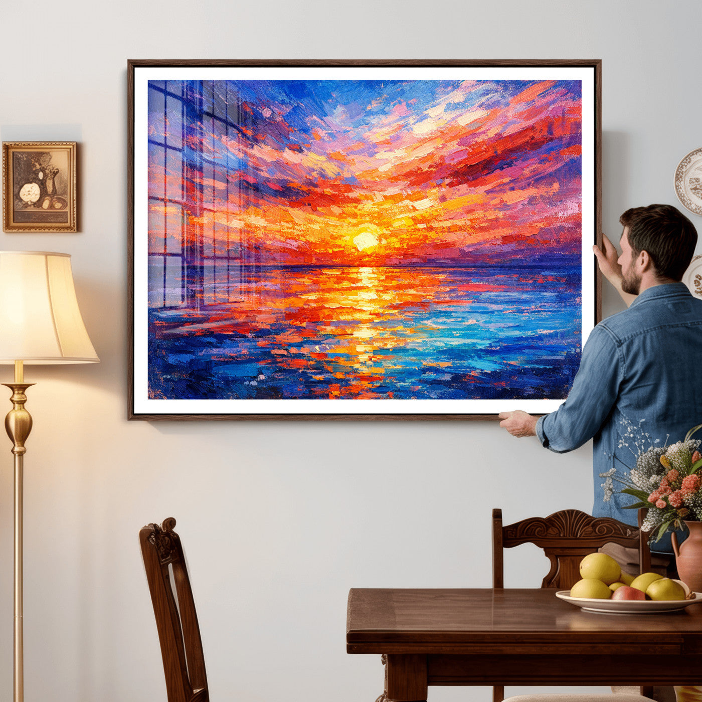 54915078-MGV-CV-36X24 - Colorful Knife Ocean Sunset Canvas — Orange Pink Teal Expressionist Sea Print | Colorful Coastal Wall Art | Vibrant Beach Decor Gift