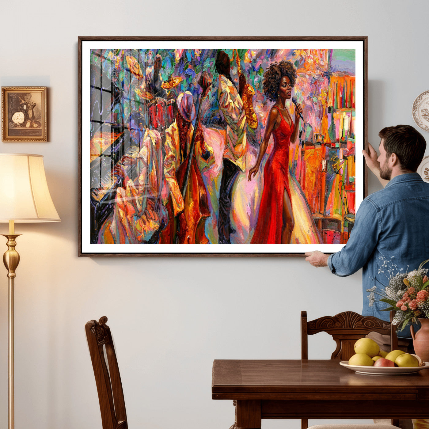 72615137-MGV-CV-36X24 - African American Jazz Singer Canvas Art - Red Dress Black Woman Music Print | Colorful Jazz Band Wall Decor | Living Room Gift for Her
