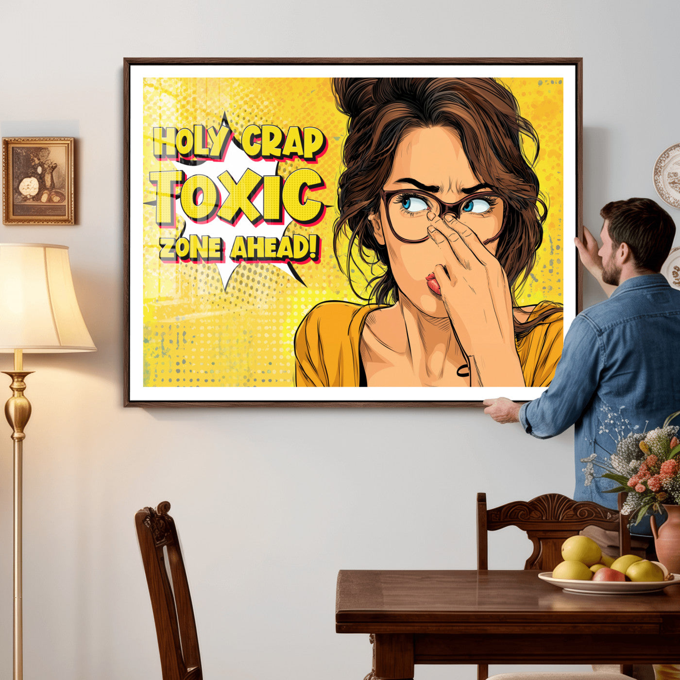 96263876-MGV-CV-36X24 - Pop Art Print Bathroom Sign Wall Art Canvas Print — Funny Bathroom Canvas | Comic Style Toilet Wall Decor | Humor Gift | Yellow Bold Bathroom Art