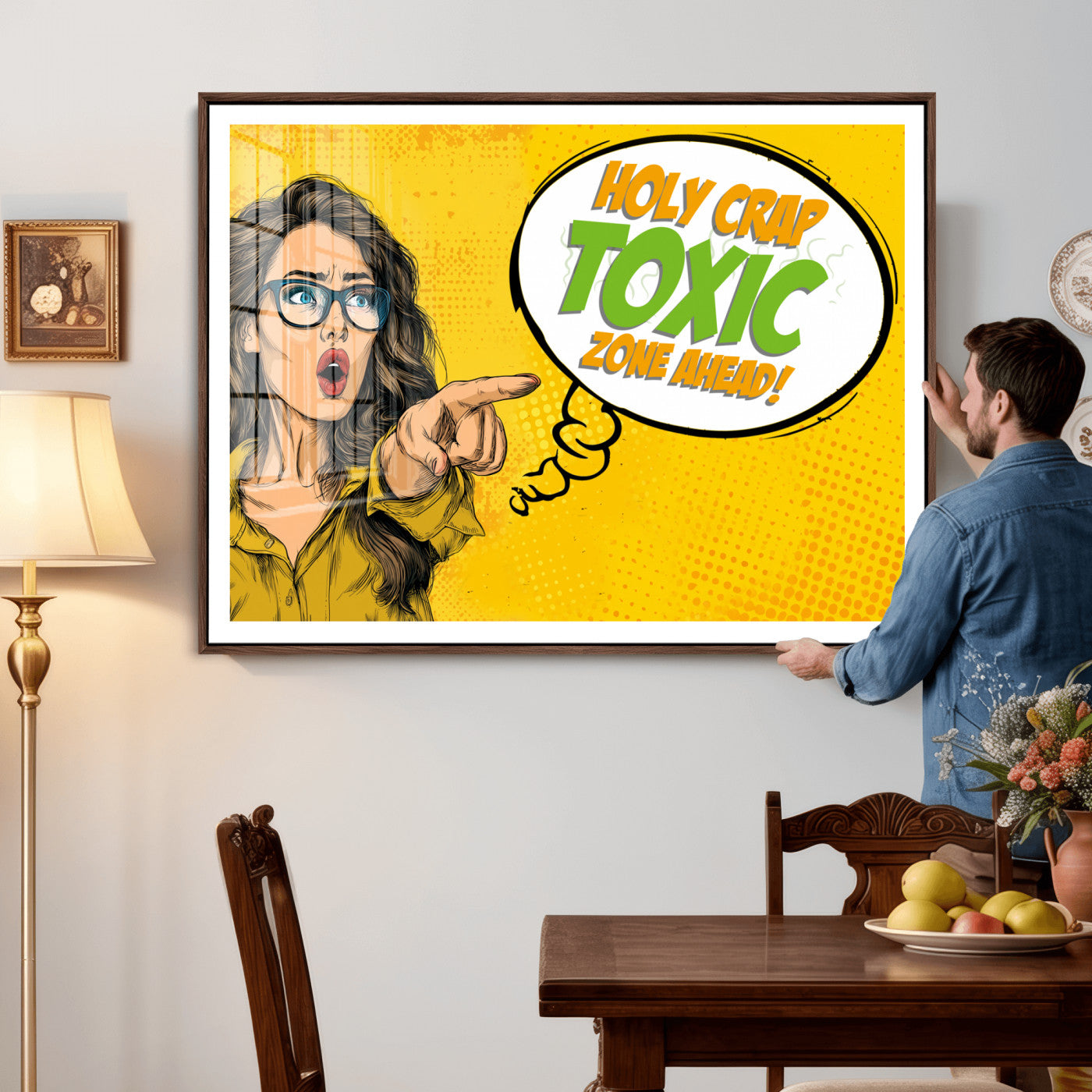 79156505-MGV-CV-36X24 - Pop Art Print Bathroom Sign Wall Art Canvas Print — Funny Bathroom Canvas | Comic Style Toilet Wall Decor | Humor Gift | Yellow Bold Bathroom Art