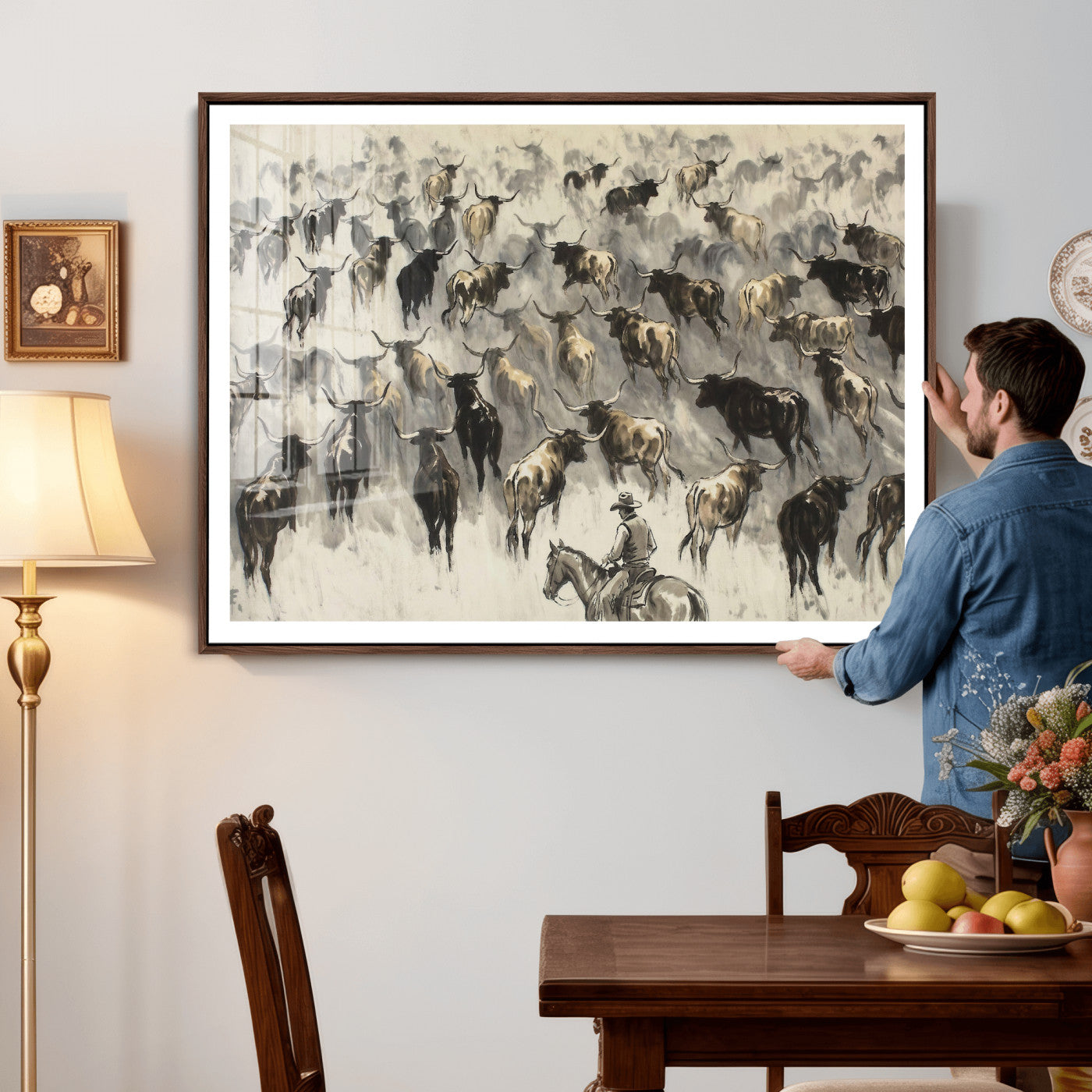 48049876-MGV-CV-36X24 - Cowboy Cattle Drive Canvas Wall Art, Western Longhorn Herd Ink Painting Print, Ranch Rodeo Decor, Black White Western Art, Large Living Room Art