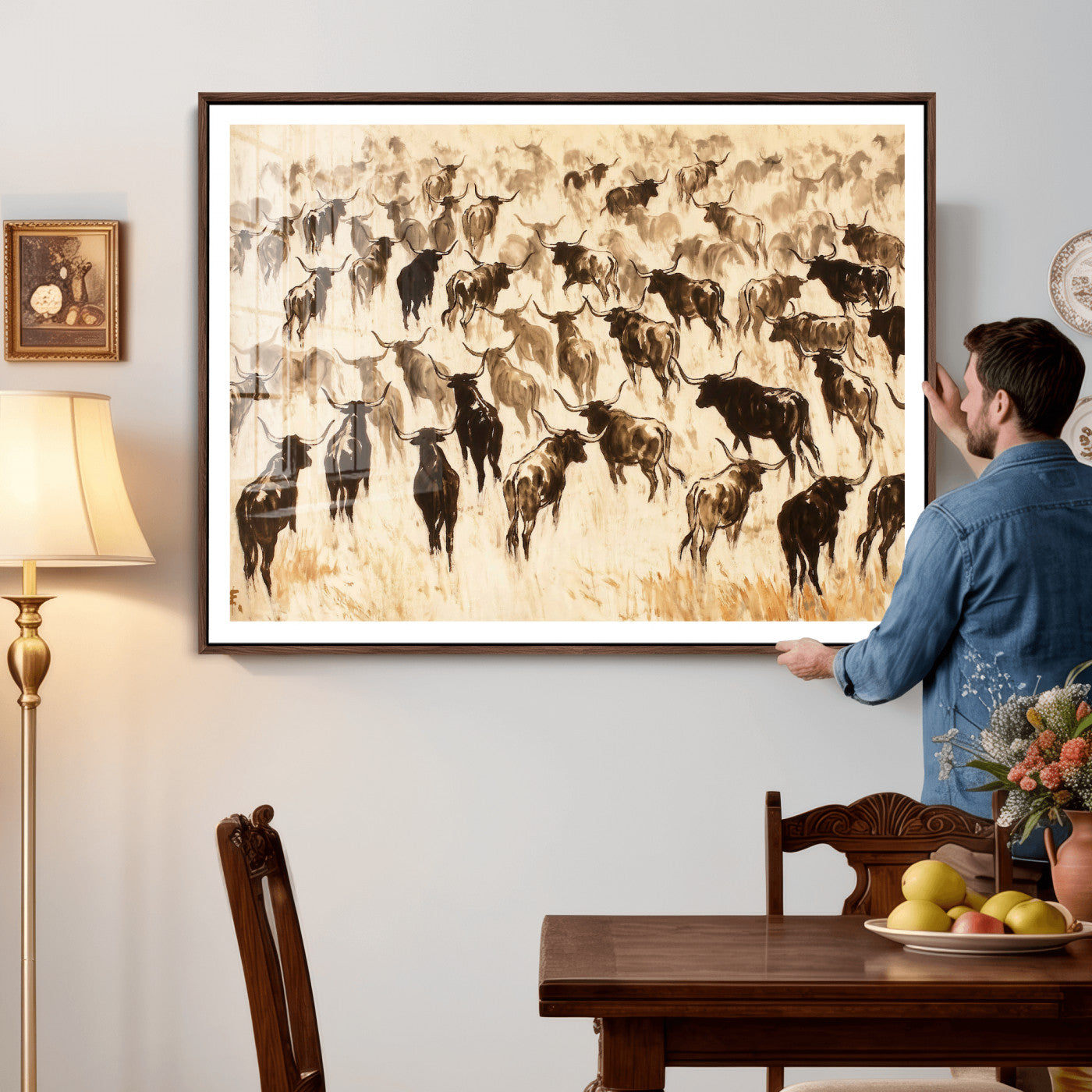 39077774-MGV-CV-36X24 - Texas Longhorn Sepia Canvas Wall Art, Western Cattle Stampede Painting Print, Warm Amber Ranch Decor, Rustic Cowboy Home Art, Large Living Room Decor