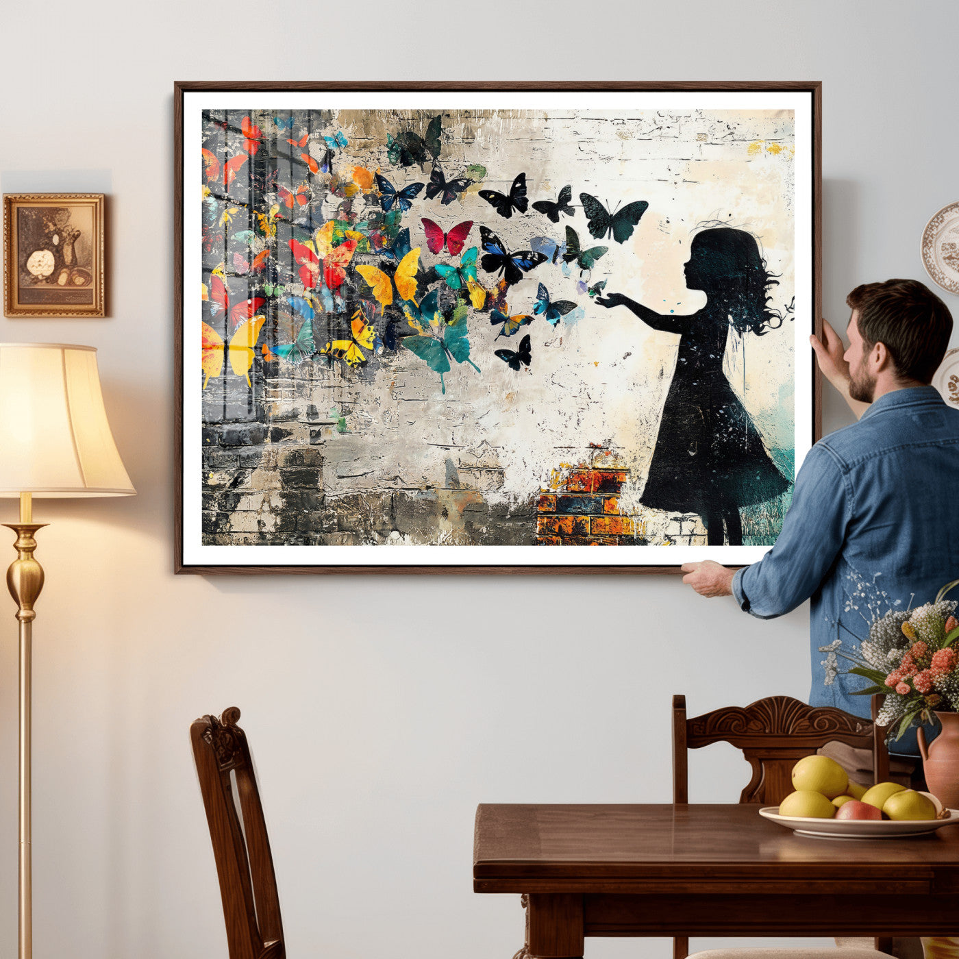 33909022-MGV-CV-36X24 - Banksy Butterfly Girl Wall Art Canvas Print, Framed Street Art Silhouette Graffiti Artwork, Colorful Butterfly Wall Decor for Living Room Bedroom Office