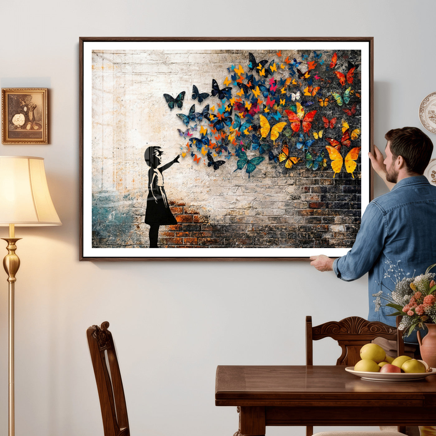 78760384-MGV-CV-36X24 - Banksy Graffiti Butterfly Girl Wall Art Canvas Print, Framed Street Art Canvas Print, Silhouette Butterfly Wall Art for Living Room Bedroom Office