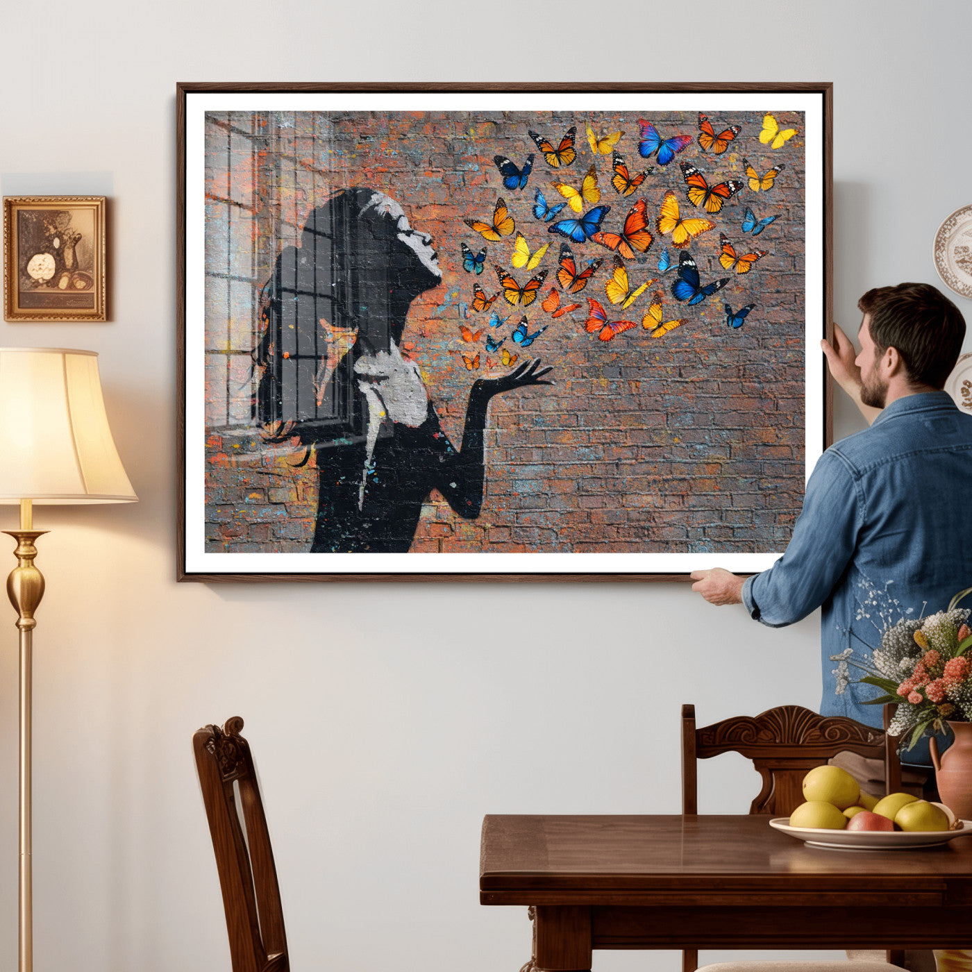 10555939-MGV-CV-36X24 - Urban Banksy Butterfly Girl Wall Art Canvas Print, Framed Street Art Canvas Print, Graffiti Silhouette Butterfly Wall Art for Living Room Bedroom Office