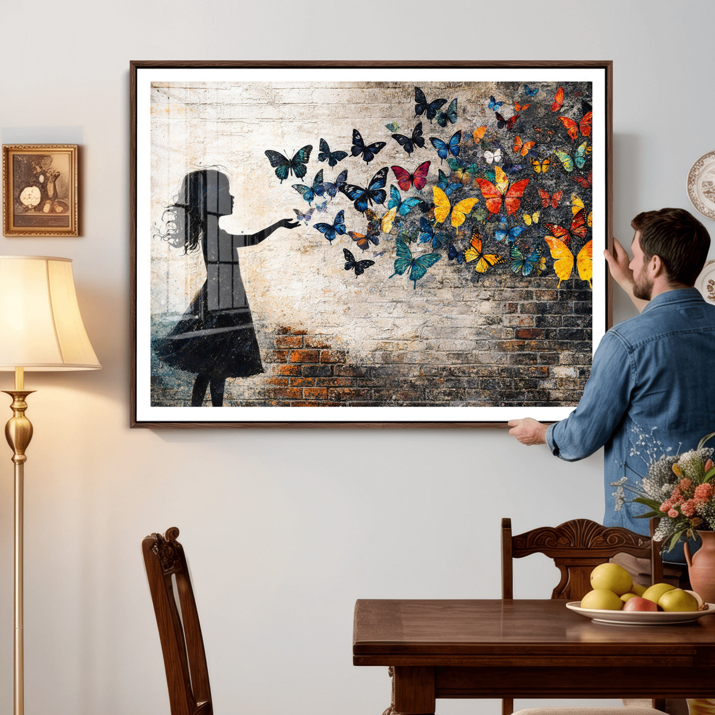70522594-MGV-CV-36X24 - Banksy Butterfly Girl Wall Art Canvas Print, Framed Street Art Canvas Print, Graffiti Silhouette Butterfly Wall Art for Living Room Bedroom Office