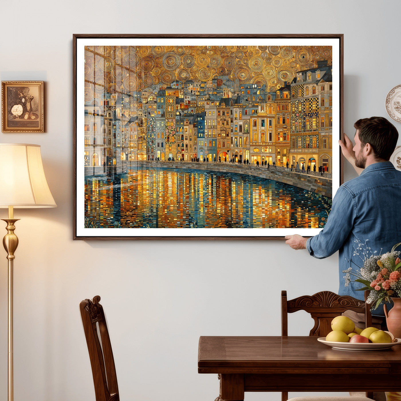 94022787-MGV-CV-36X24 - Gustav Klimt Golden Cityscape Wall Art Canvas Print, Framed River Town Landscape Artwork, Ornate Architecture Wall Decor for Living Room Bedroom Office