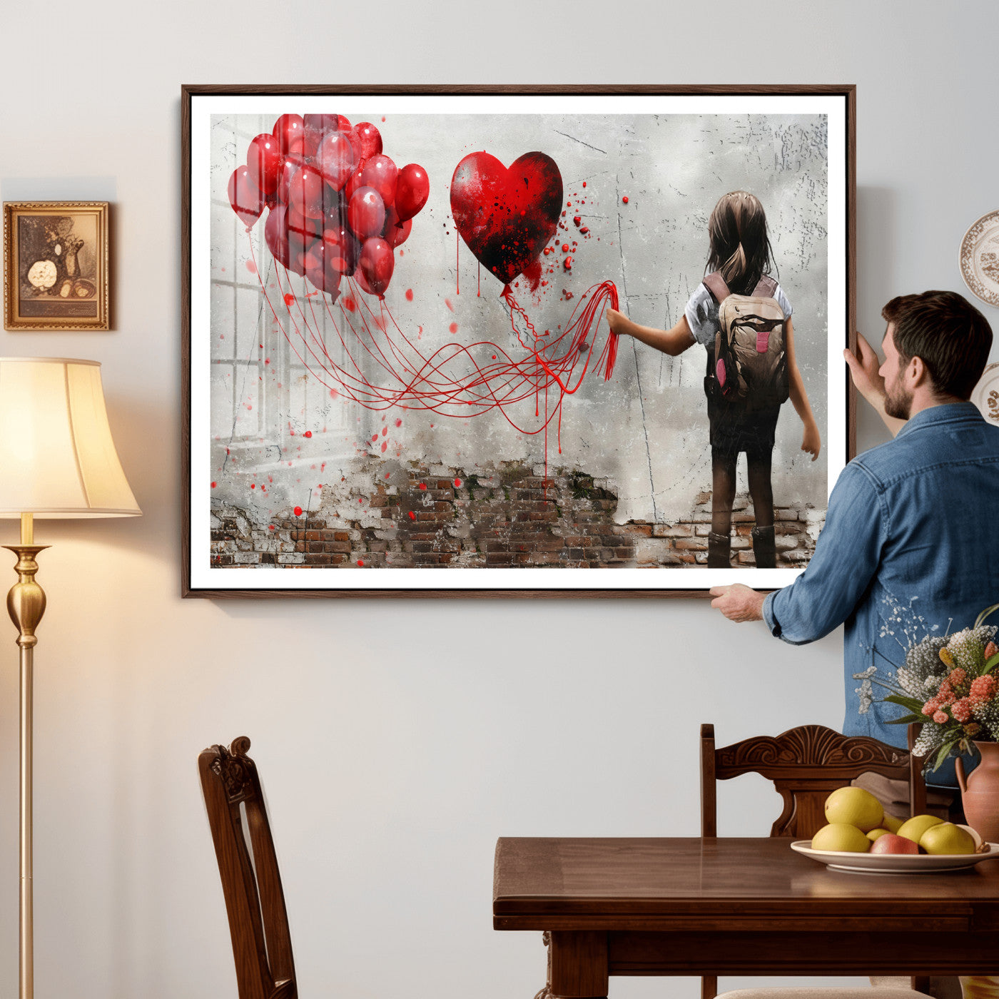 2162830T-MGV-CV-36X24 - Girl Graffiti Wall Art Canvas Print, Red Balloon Heart Street Art, Urban Love Artwork for Living Room Bedroom Hallway Office, Modern Abstract Canvas Wall Decor Home Decor
